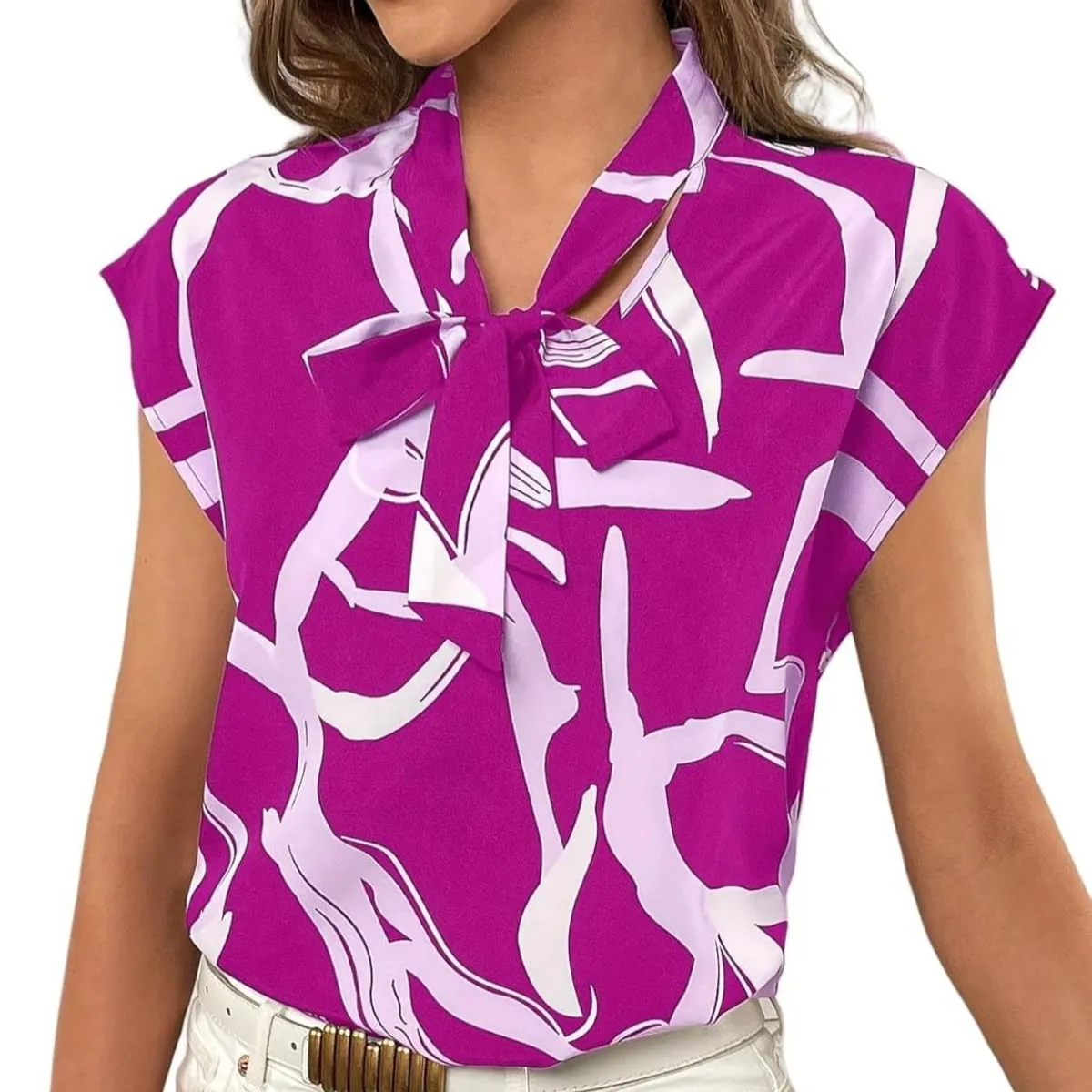 Plus Size Women's Sleeveless Blouse Purple Abstract Print Bow Neck Design Size L