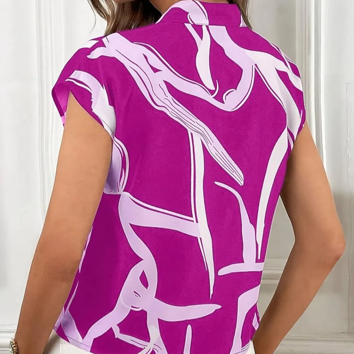 Plus Size Women's Sleeveless Blouse Purple Abstract Print Bow Neck Design Size L