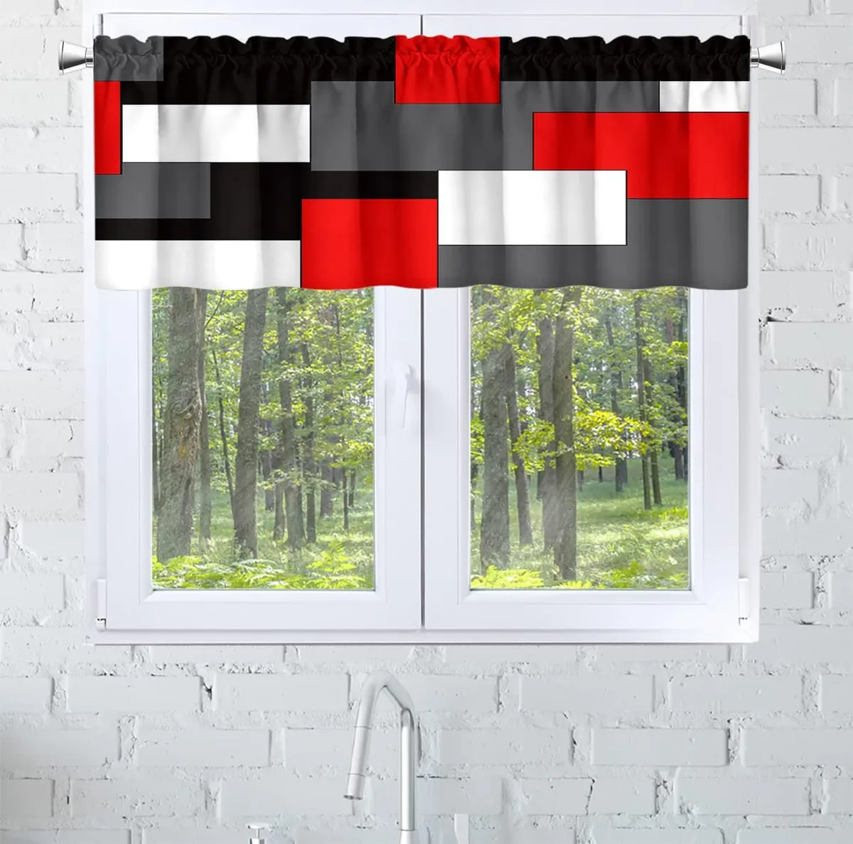 Red Black Grey White Kitchen Curtains and Valances Set 3 Piece Red Abstract Art Kitchen Curtains Set 36" Window Tier