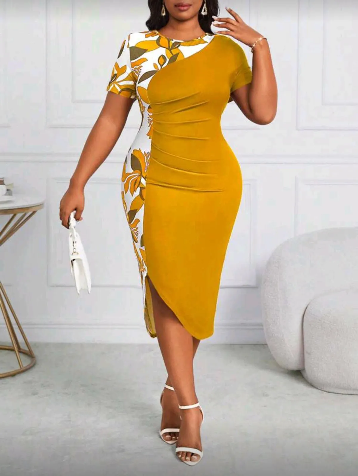 Lady Plus Size Purple Printed Contrast Color Stitching Ruched Asymmetrical Hem Round Neck Short Sleeve Slim Fit Bodycon Dress Four Seasons 2XL