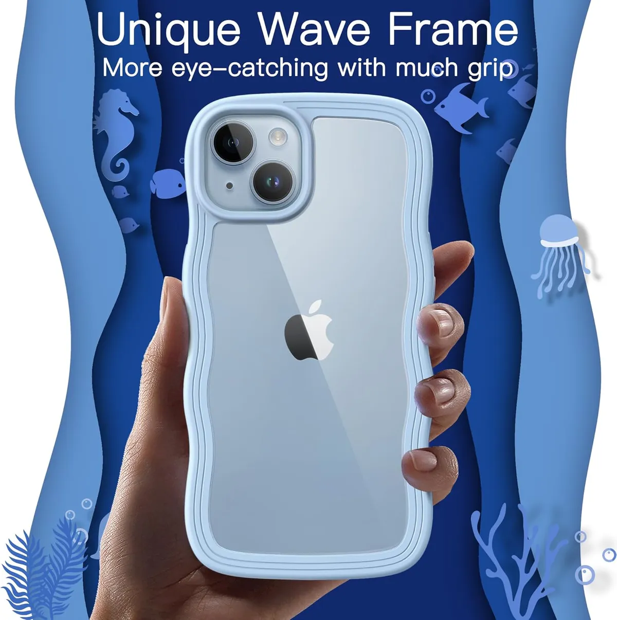 ETech Cute Case for iPhone 15 6.1-Inch, Wave Frame Curly Shape Shockproof Phone Cover for Women and Girls, Clear Hard PC Back (Blue)