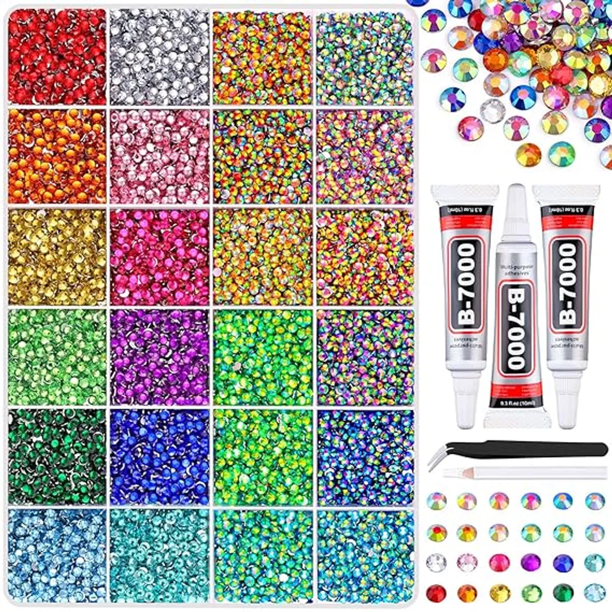 24000Pcs Resin Rhinestones with Tweezers for Crafting, Mixed-Color 3mm Bedazzling Crystal with 3Pcs 10ml B7000 Jewelry Glue for DIY Crafts Clothing Tumblers Shoes Fabric Nail Art
