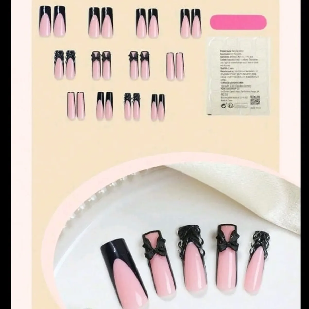 24Pcs Black French Tip Long Square Press On Nails With 3D Bow Glossy Full Cover Fake Nails For Women And Girls - Includes Nail File & Jelly Adhesive Nail Supplies Nail