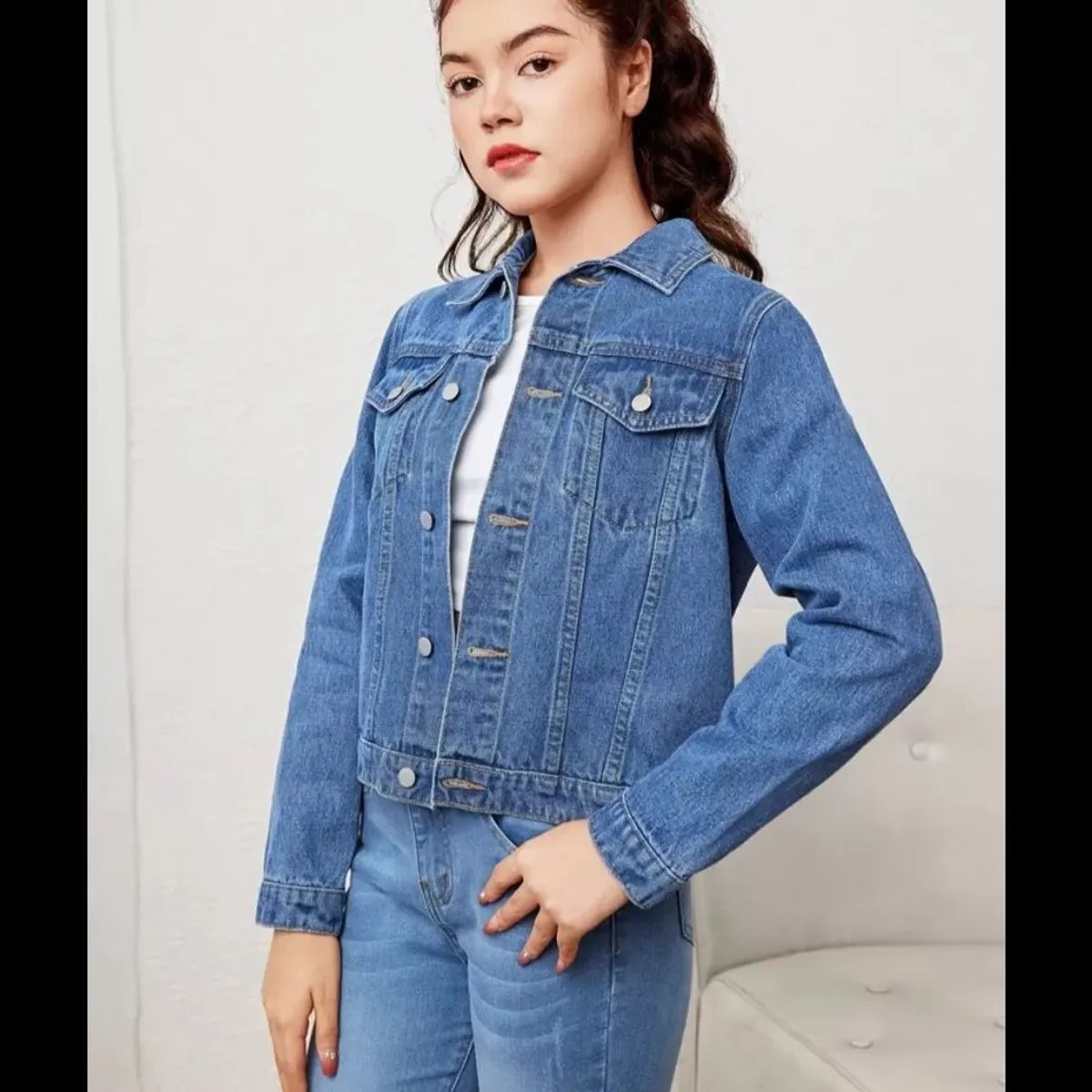 Young Girls Fake Pocket Button Front Denim Jacket Suit - Size 7Y