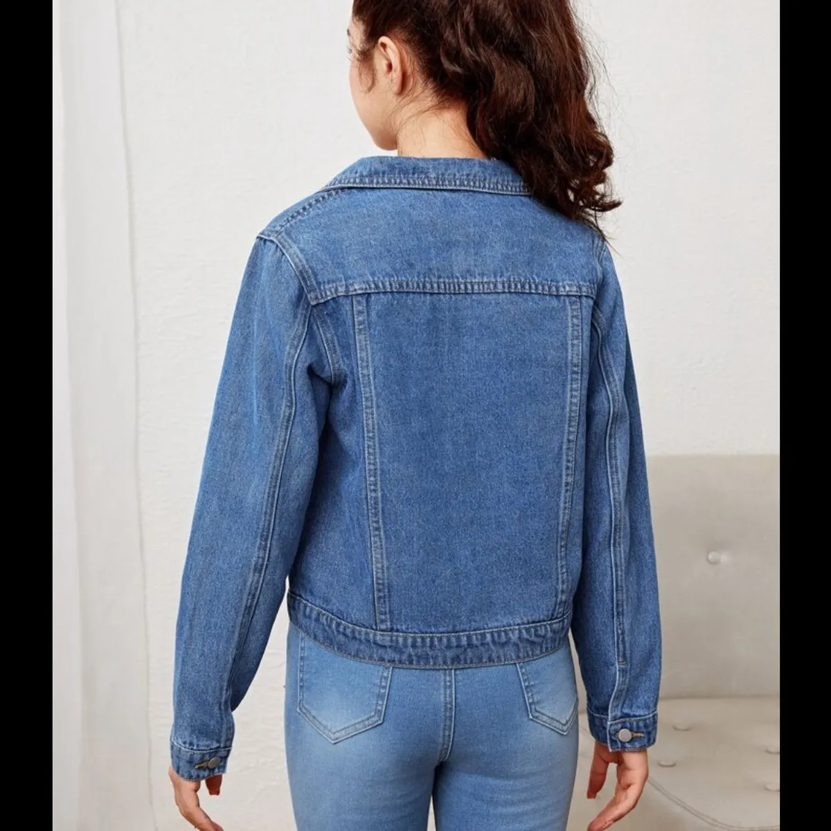 Young Girls Fake Pocket Button Front Denim Jacket Suit - Size 7Y