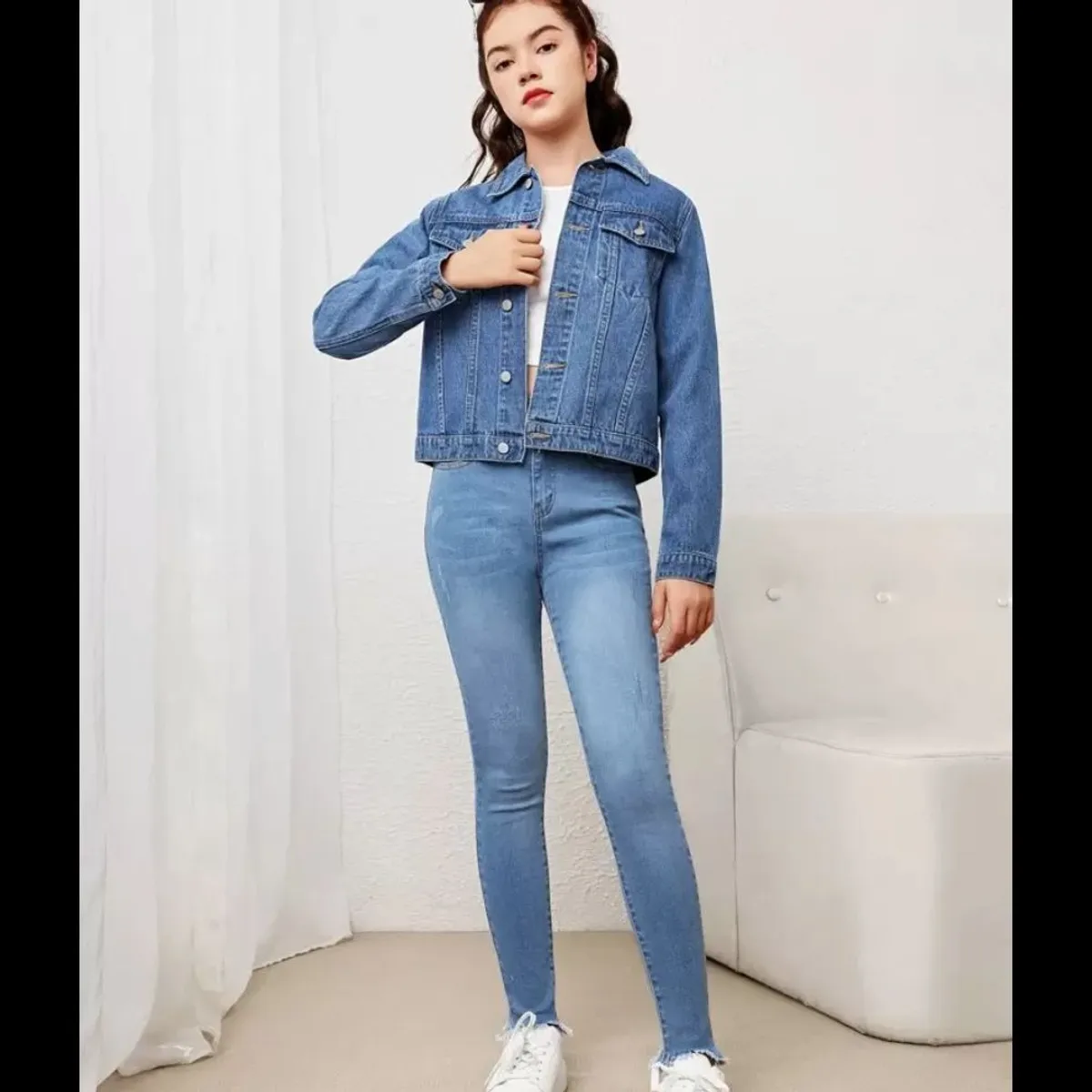 Young Girls Fake Pocket Button Front Denim Jacket Suit - Size 7Y