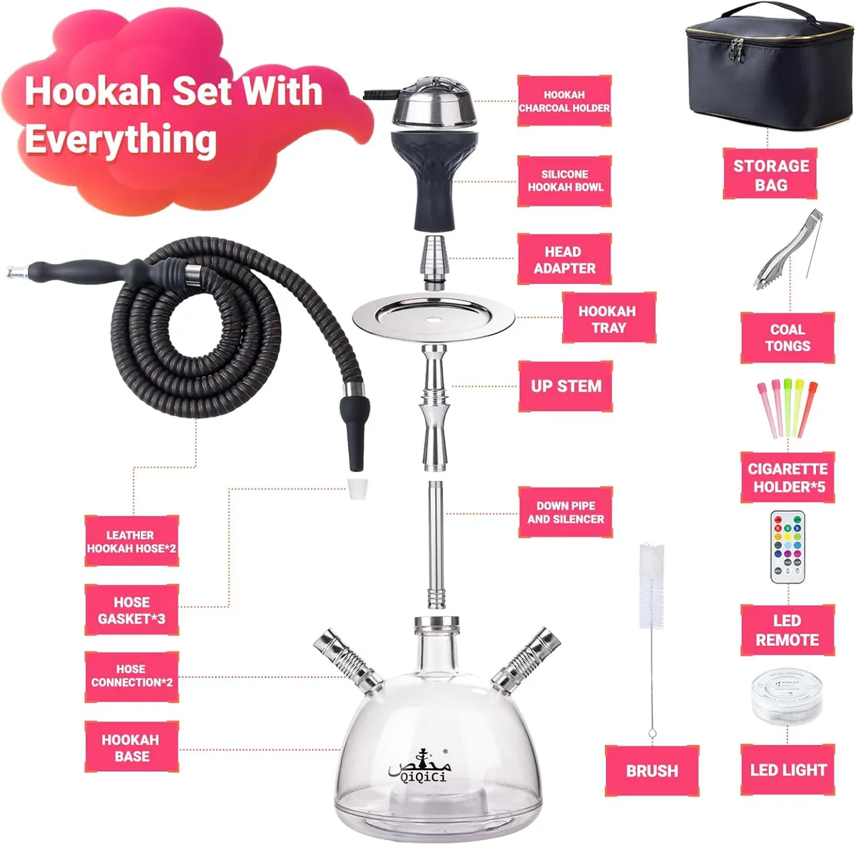 Modern 2 Hose Acrylic Bubble Hookah – Complete Shisha Hookah Set, Magical Remote LED Lights, and Travel Case for an Enhanced Experience