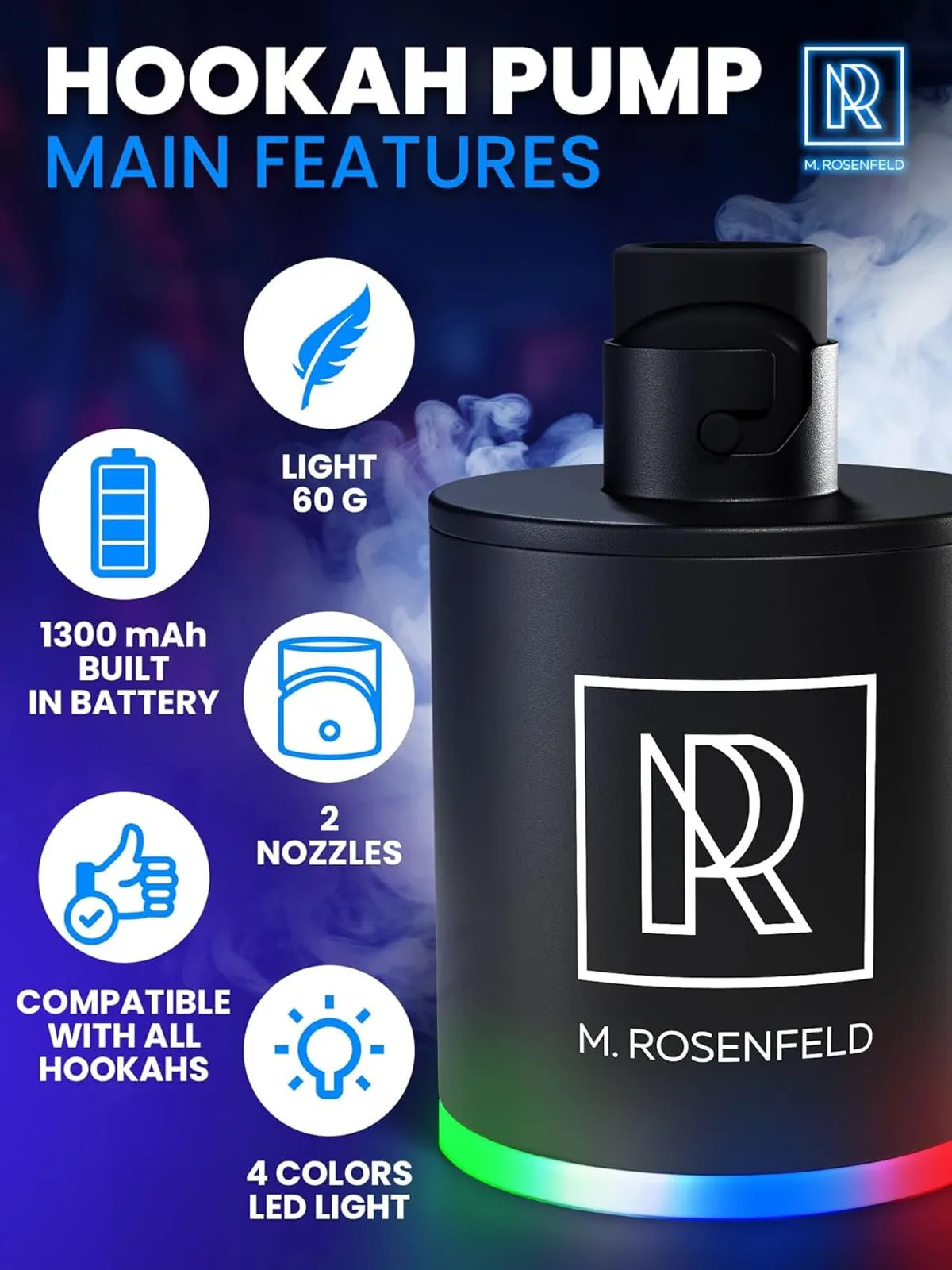 Hookah Starter Pump - Hookah Pump Starter with 1300 mAh Rechargeable Battery - Portable Electric Hooka Blower & Vacuum Starter - Mini Air Pump with LED Light, Quiet & Efficient