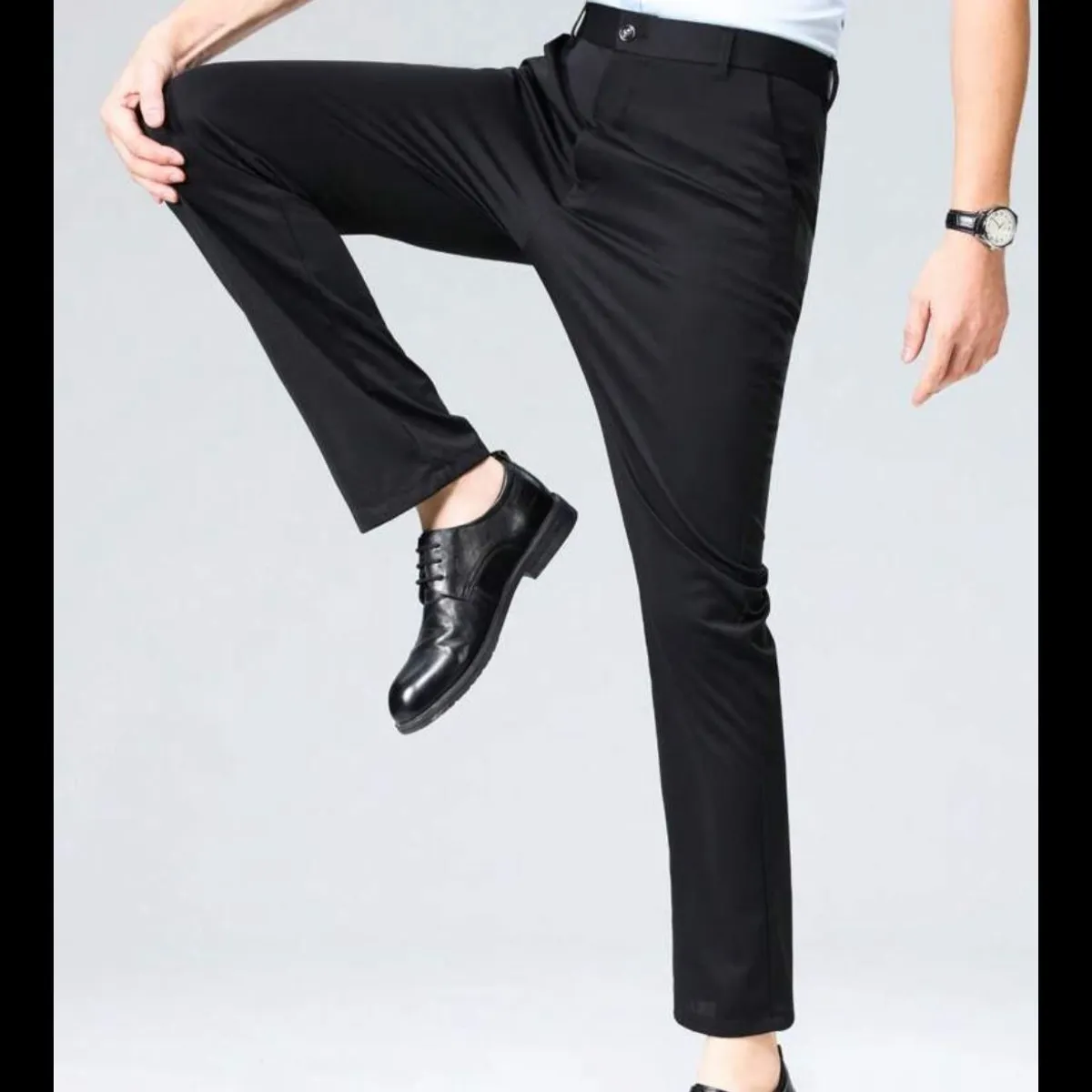 Men's Comfortable Slim-Fit Stretch Formal Black Trousers - Size 33x31