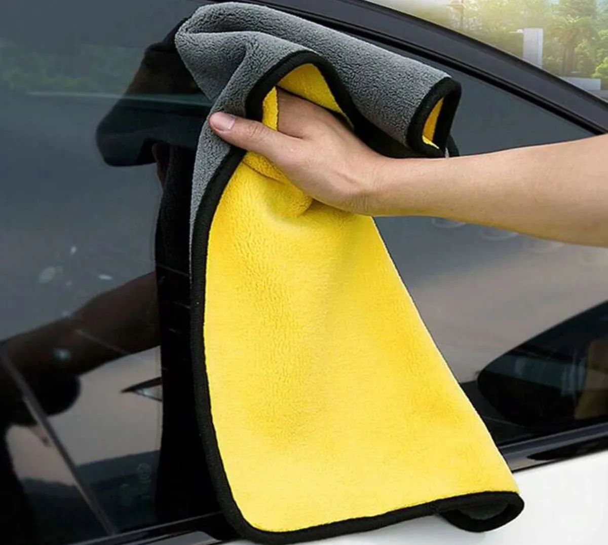 Super Soft Polyester Coral Fleece Yellow Grey Microfiber Towel, Double - Sided Thick Car Cleaning Cloth - Size 60x30cm