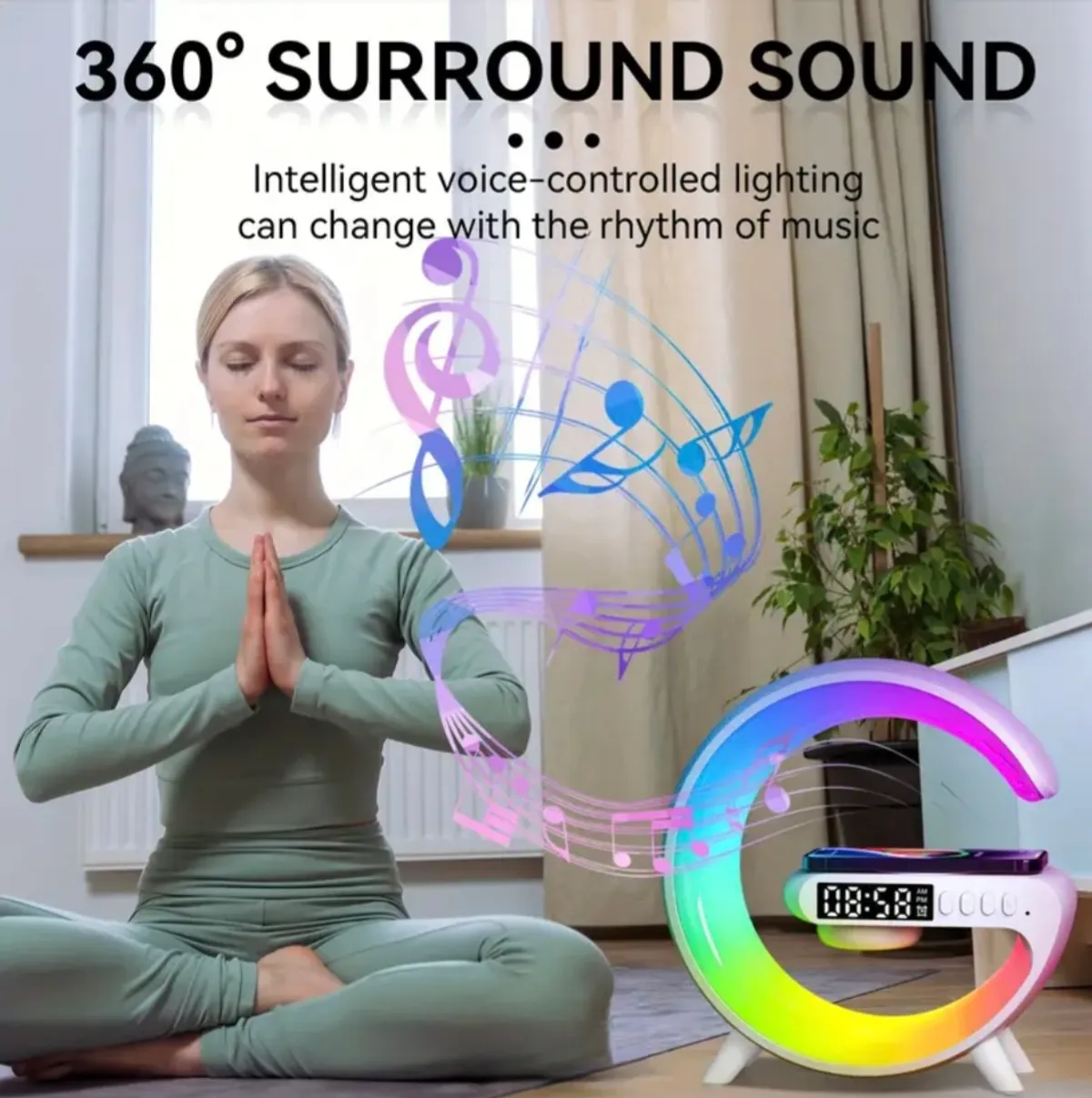 Wireless Charging Smart Table Lamp, Sunrise Alarm Clock, Dimmable LED Nightstand Light for Bedroom, Multi-functional with Audio Relax & Meditate Features, USB Powered, No BatterySpace Theme, Home Decor Lighting, White