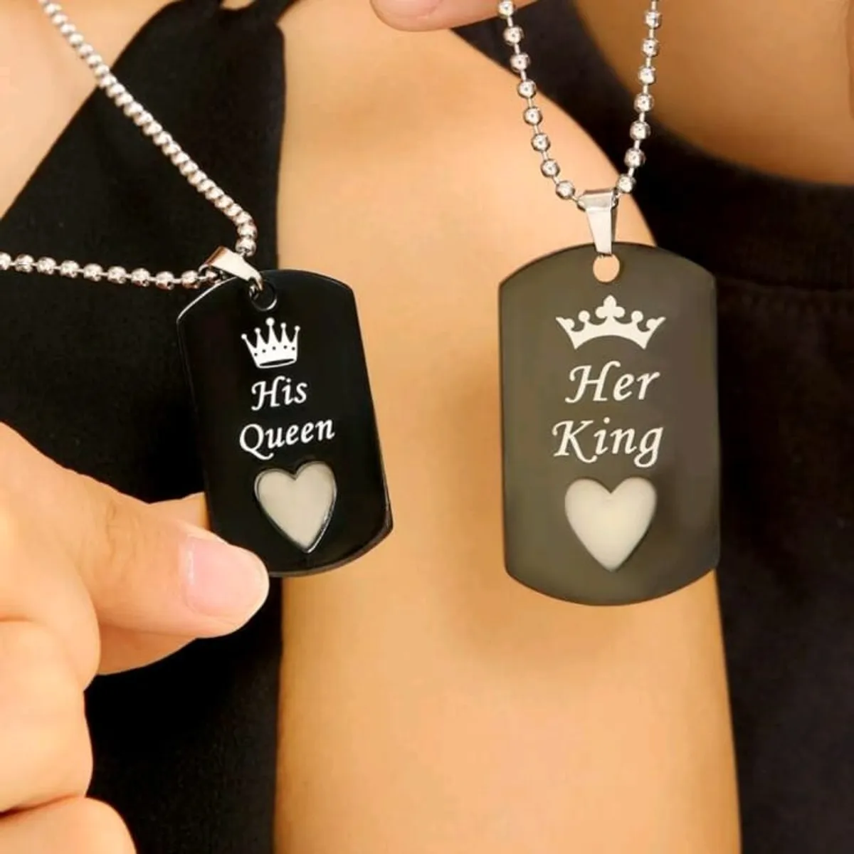 2pcs/Set Couple Matching Bracelets Crown Heart Love Glow HER KING & HIS QUEEN Stainless Steel Chain Charm