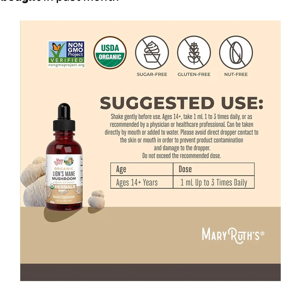 MaryRuth Organics Lions Mane Mushroom Supplement, Herbal Liquid Drops 1 Fl Oz