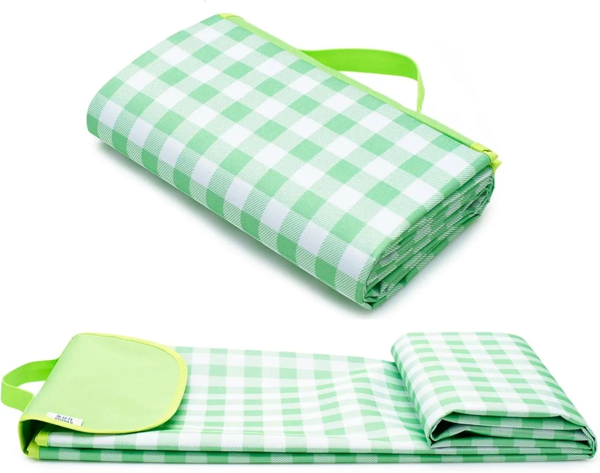 Foldable Picnic Blankets Green and White Stripes 57"x79" Picnic Blanket Outdoor Water-Resistant Handy Mat Spring Summer Camping Blanket