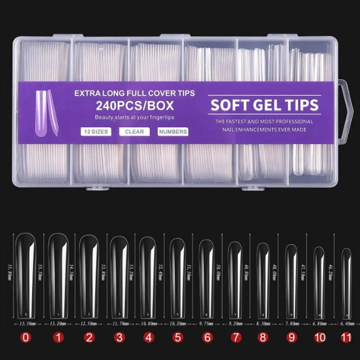 HHBEAUTY Extra Long Square Full Cover Nail Tips 240PCS Clear Full Cover Fake Nails False Nails 12 Sizes Tapered Square Press on Fake Nail Tips for Acrylic Nails Salons Home DIY with Box