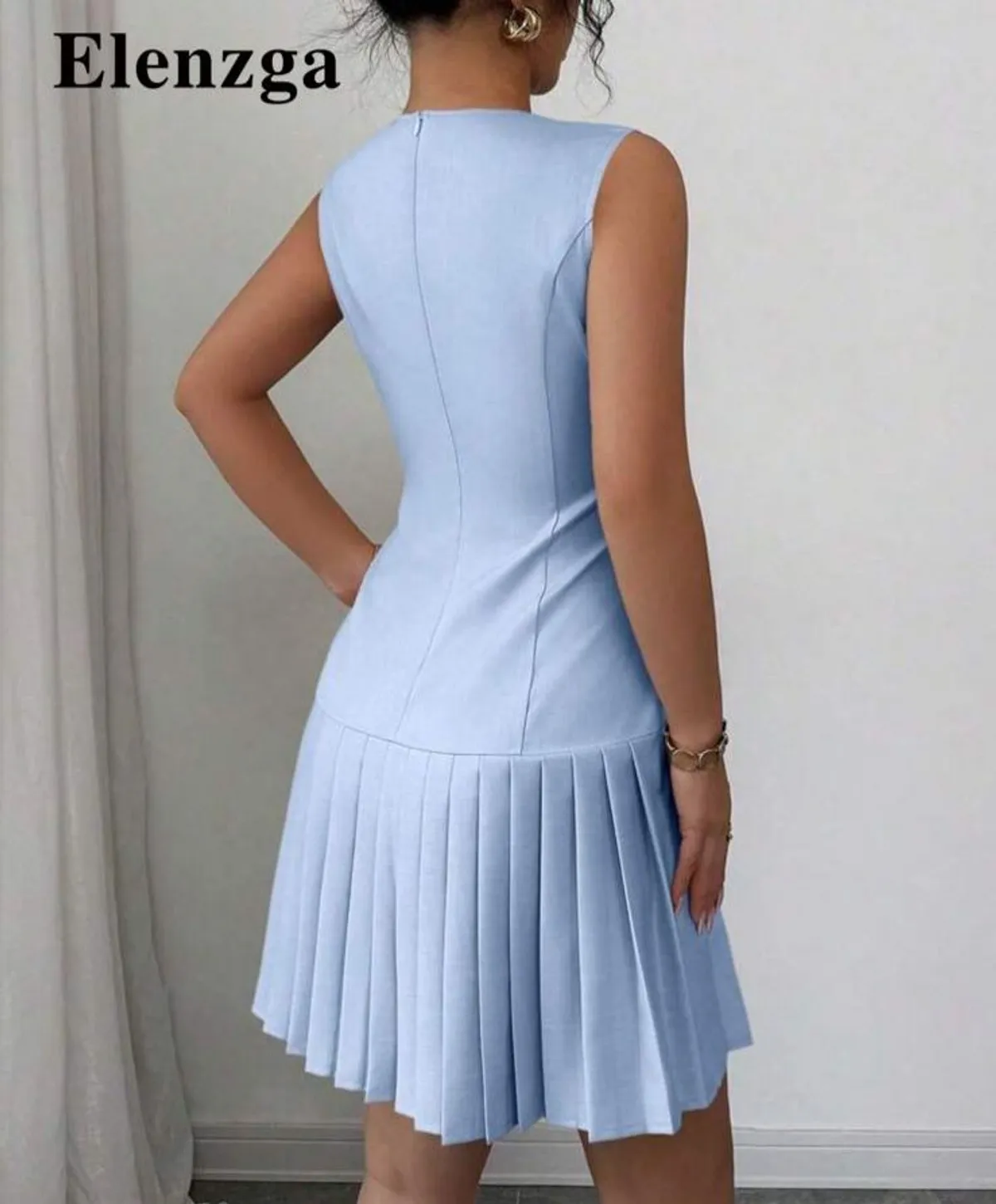 Elenzga Blue Sleeveless, Pleated Dress With Bow Tie For Women (Size L)