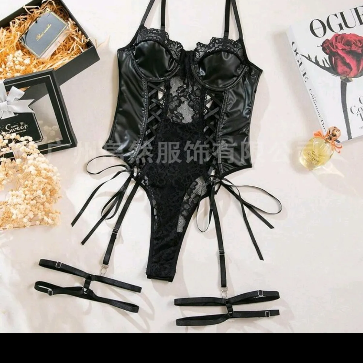 Sexy black Fishnet PU Leather One-Piece lingerie size/s