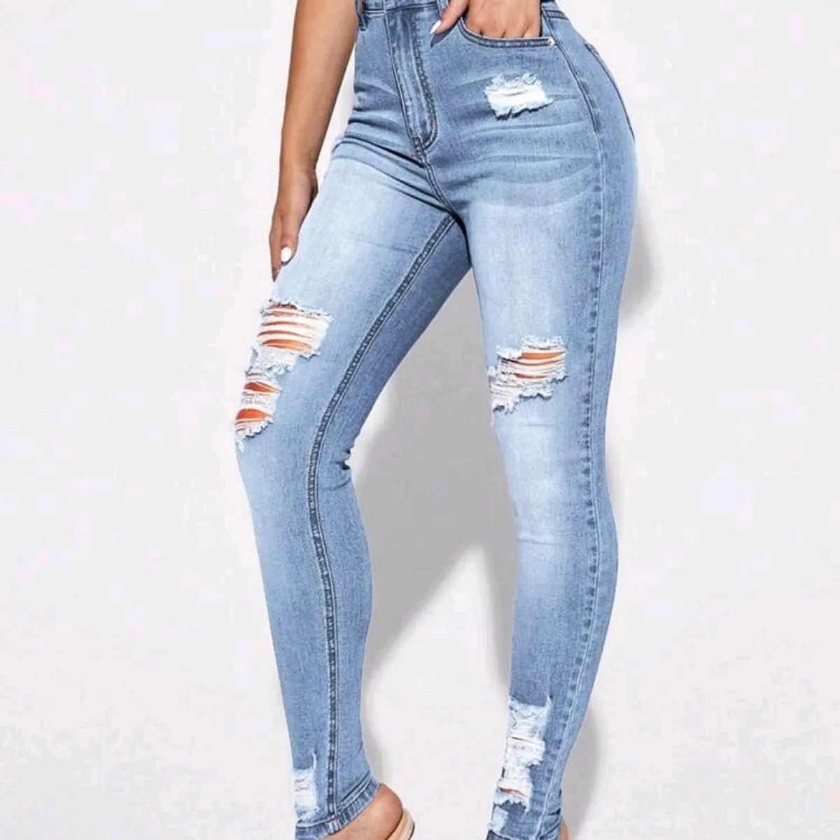 Womens Blue Washed Ripped Slim Fit Skinny Jeans - Size/L (8/10