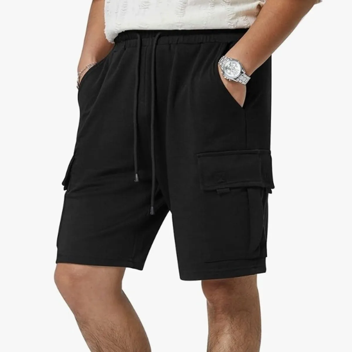 Mens Casual Sweat Cargo Cotton Shorts Drawstring Elastic Waist Athletic Workout Gym Jogger Shorts with 5 Pockets. Size S