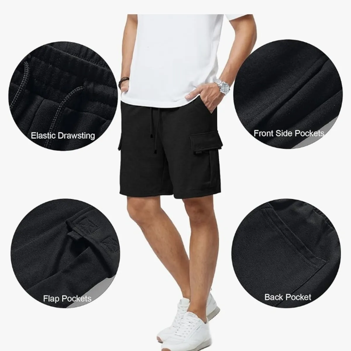 Mens Casual Sweat Cargo Cotton Shorts Drawstring Elastic Waist Athletic Workout Gym Jogger Shorts with 5 Pockets. Size S