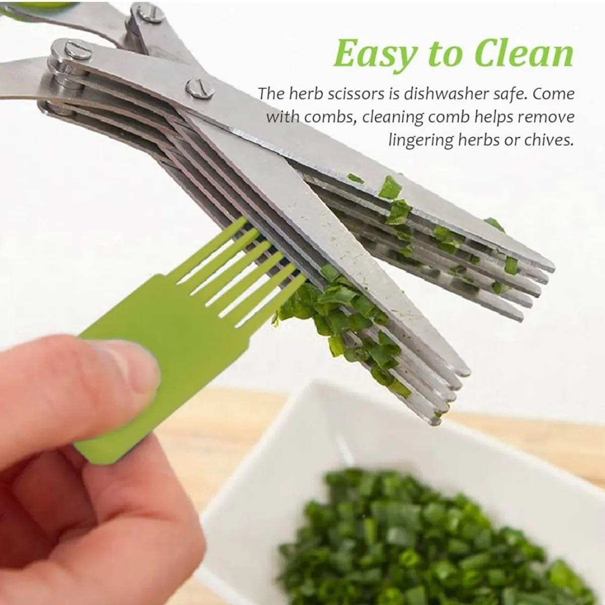 Green Handle Stainless Steel Herb Scissors, Multipurpose 5 Blade Kitchen Scissor With Cleaning Comb