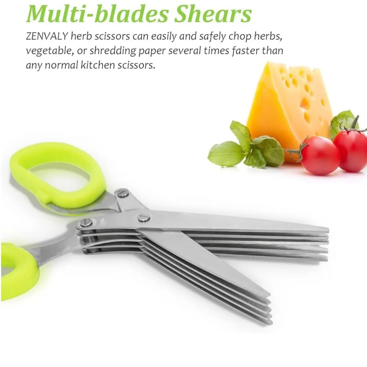 Green Handle Stainless Steel Herb Scissors, Multipurpose 5 Blade Kitchen Scissor With Cleaning Comb