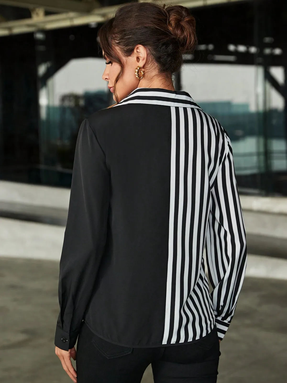 SHEIN Clasi Striped Patchwork Long Sleeve Shirt,Long Sleeve Tops Fall Cloth For Women Size M
