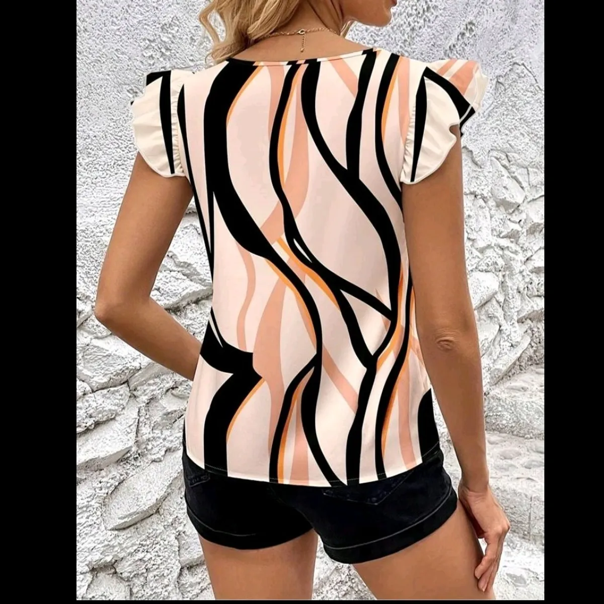 Women V Neck Ruffle Cap Sleeve Blouse-Size-S