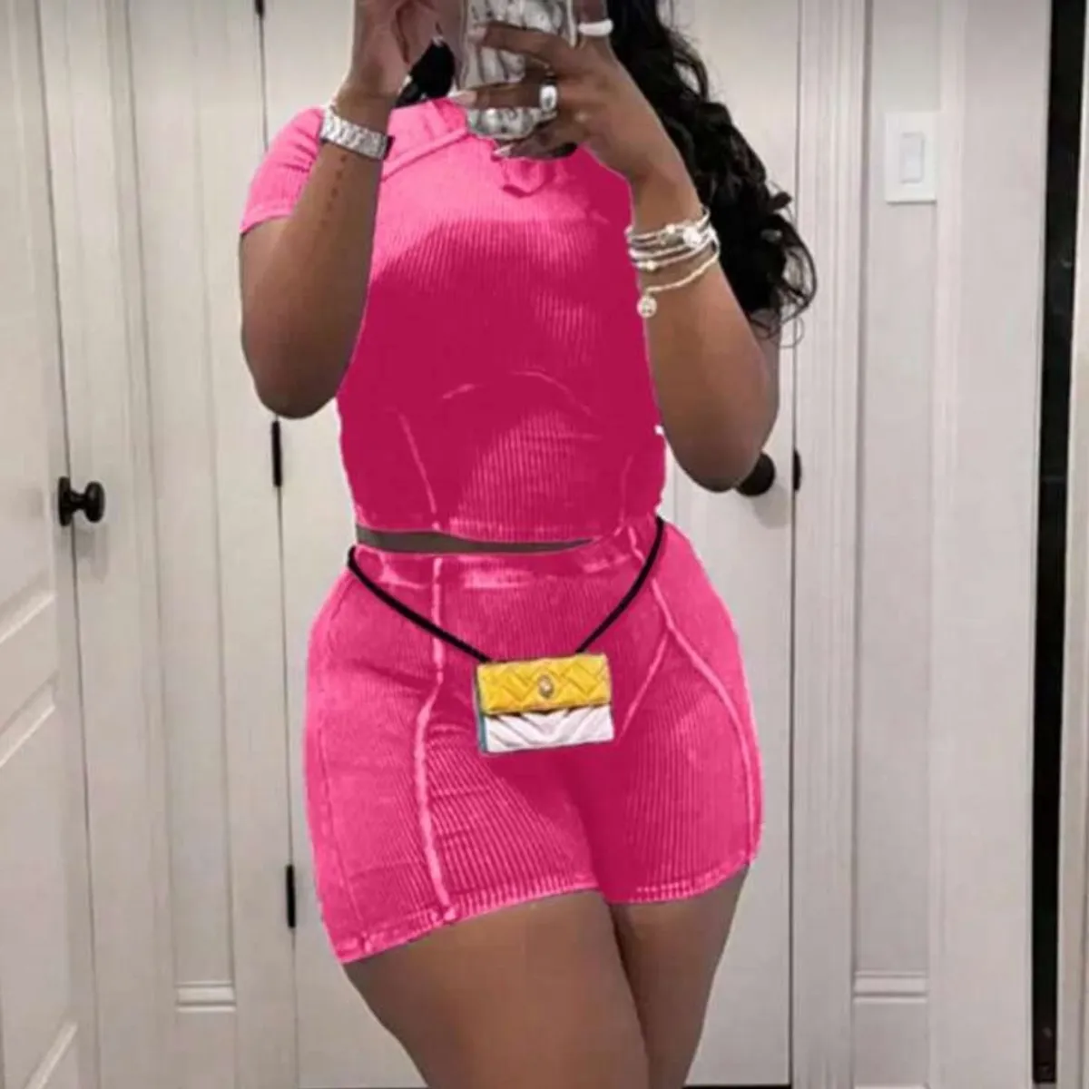 2Pcs Women's Pink Summer Ladies' Plain Daily Wear Sexy Bodycon  -Size 0XL