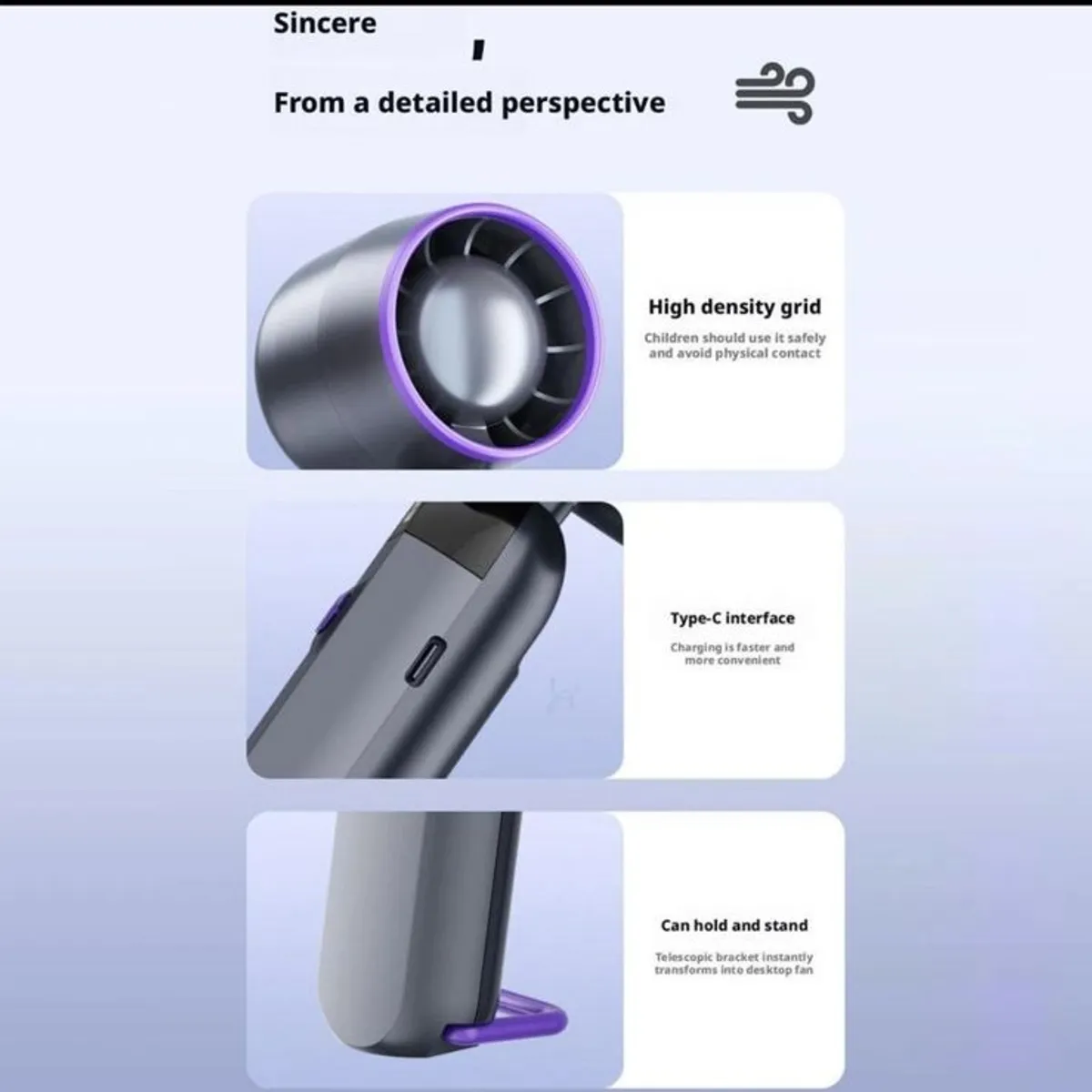 Grayish Purple Portable Rechargeable Handheld Fan