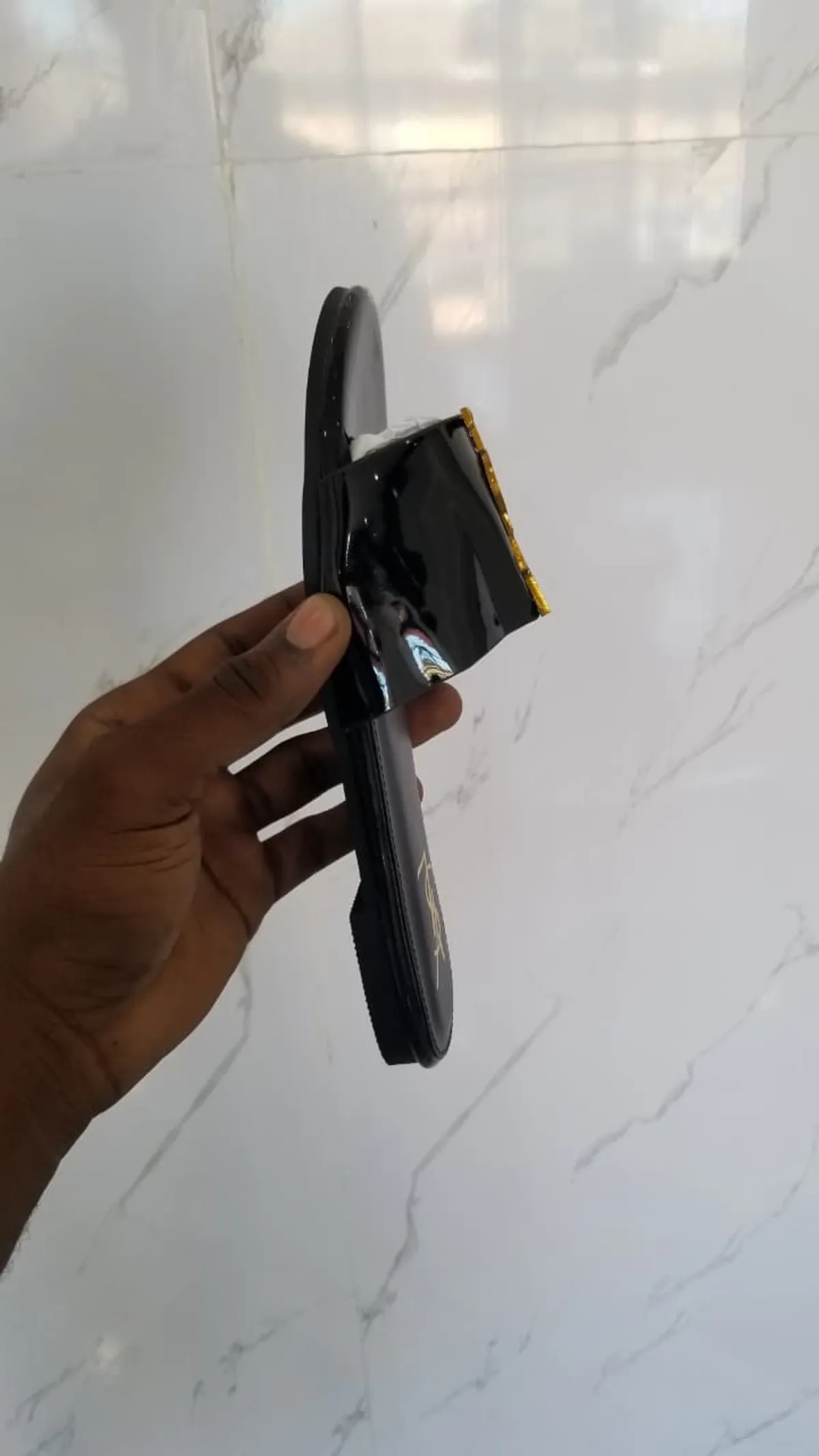 Glossy Slip-On Slides with Gold-Tone Logo Detail, Black, 37