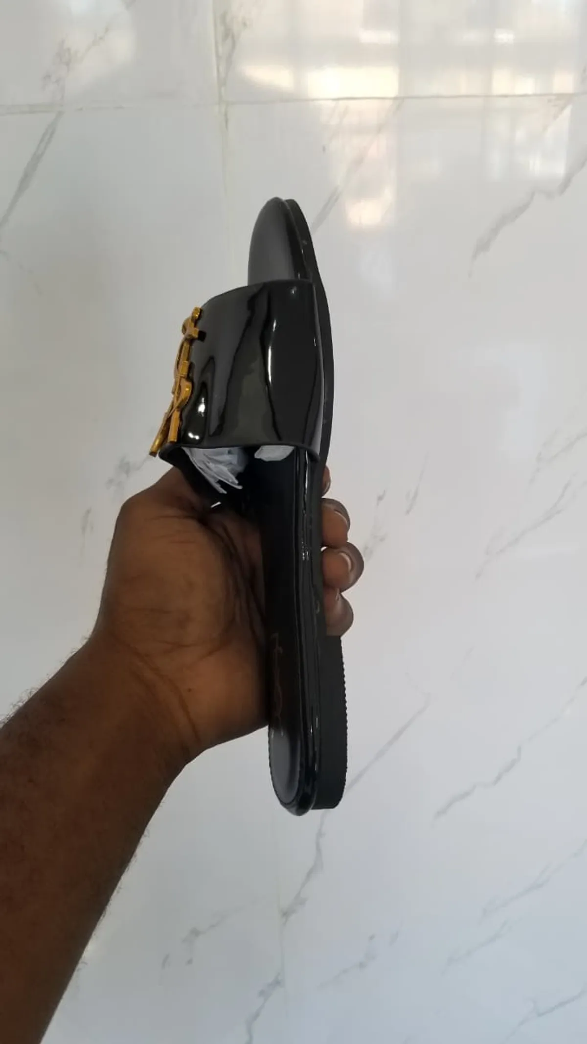 Glossy Slip-On Slides with Gold-Tone Logo Detail, Black, 42