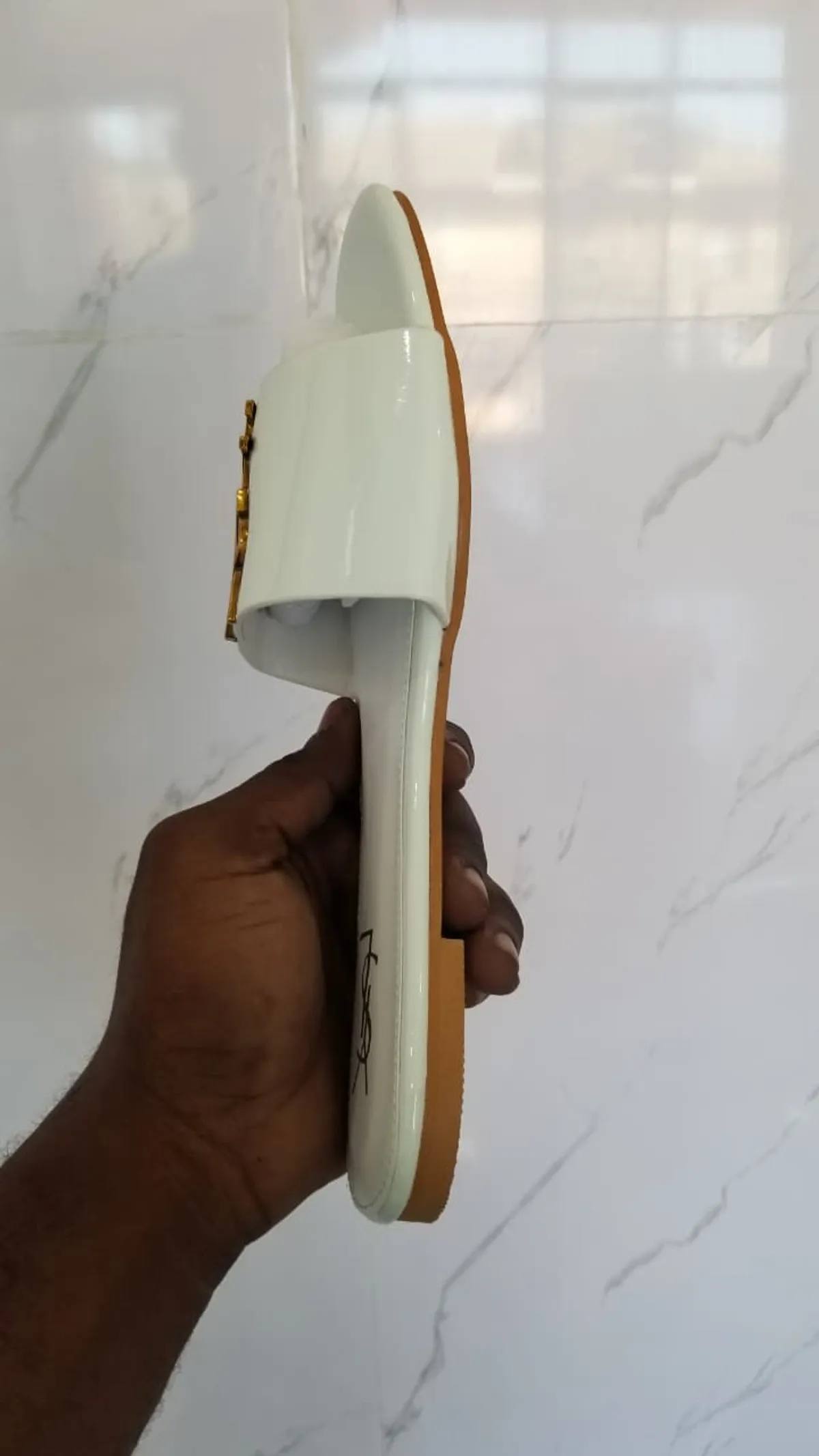 Glossy Slip-On Slides with Gold-Tone Logo Detail, White, 37