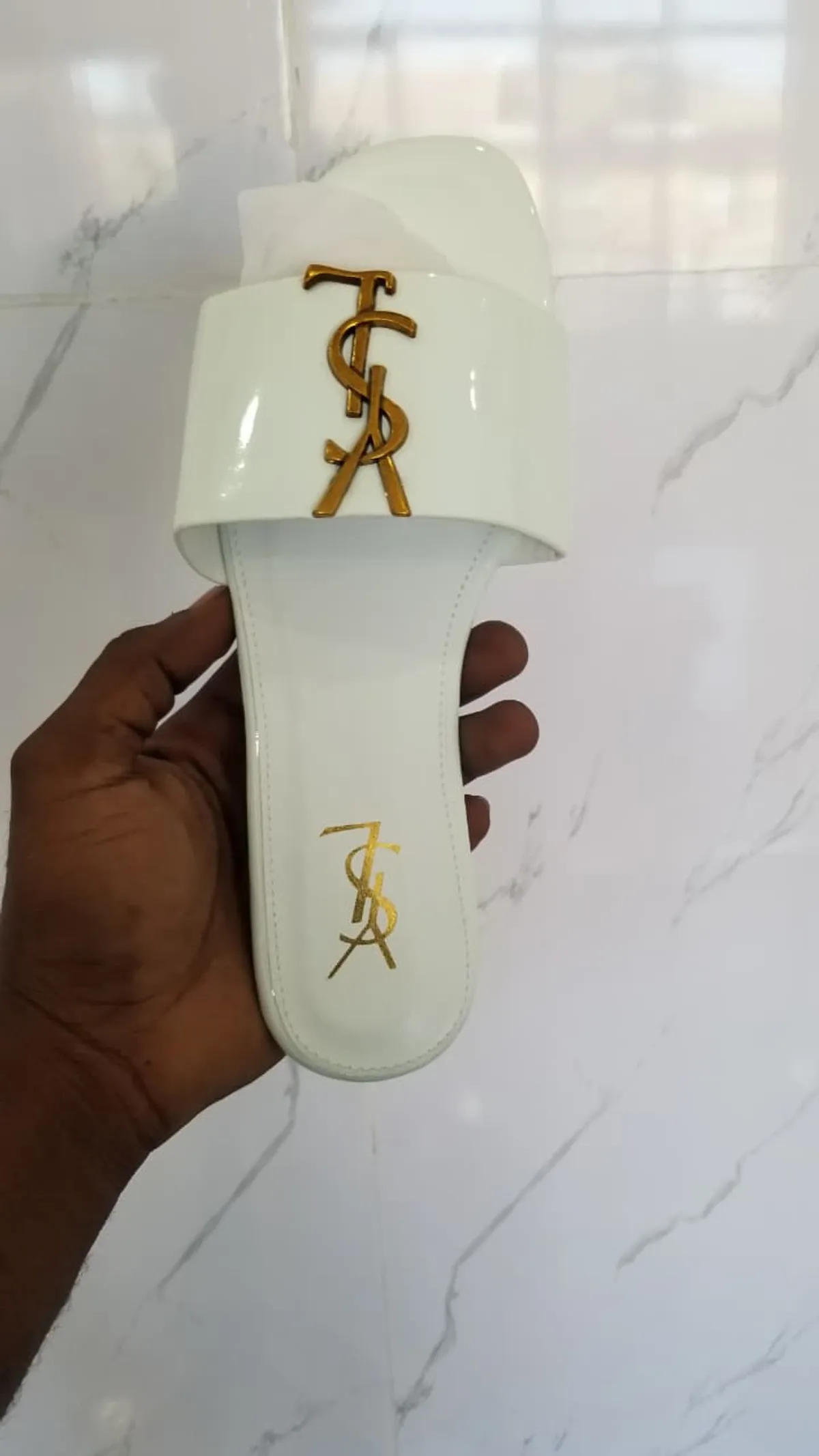 Glossy Slip-On Slides with Gold-Tone Logo Detail, White, 42