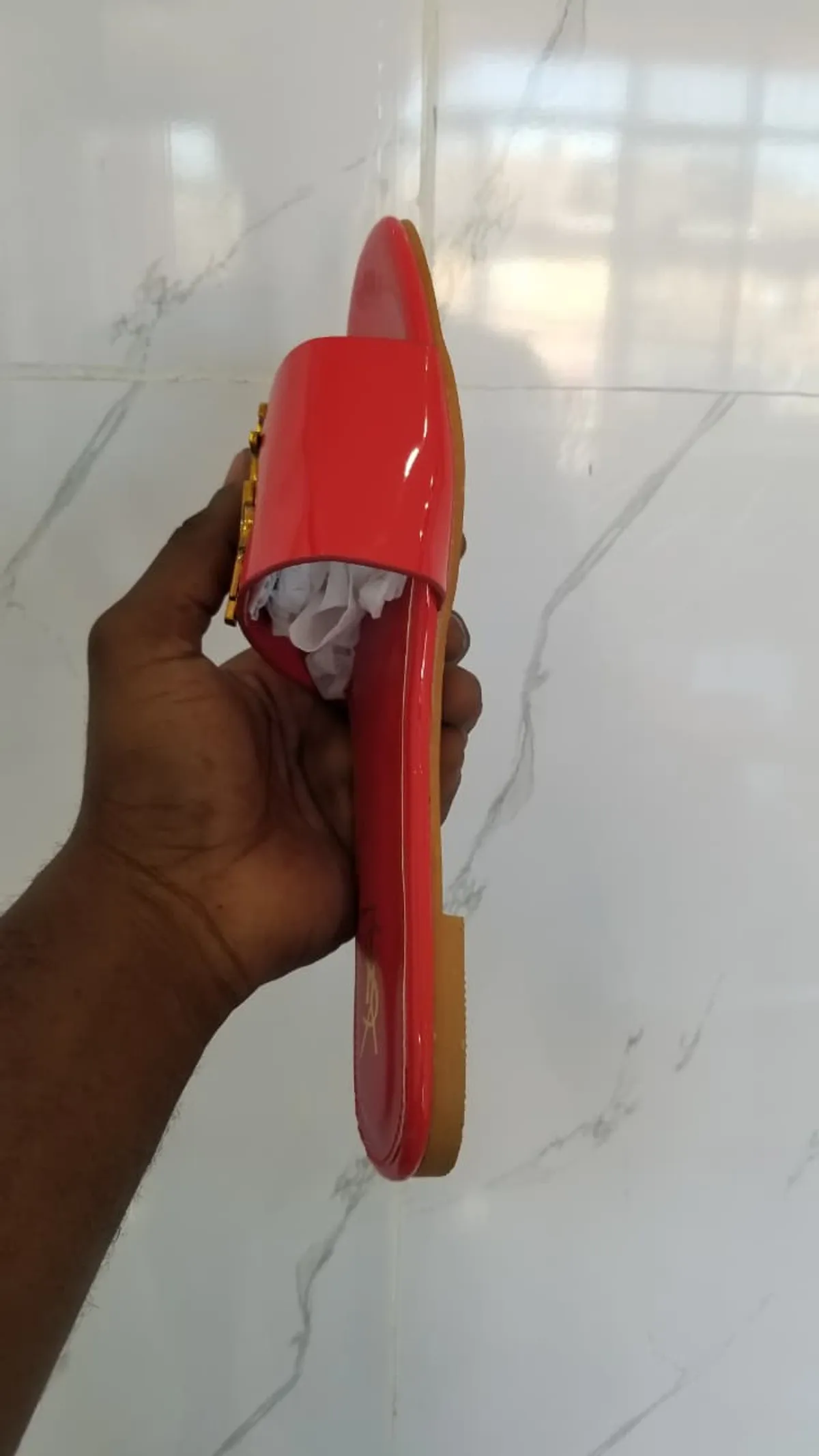 Glossy Slip-On Slides with Gold-Tone Logo Detail, Red, 40