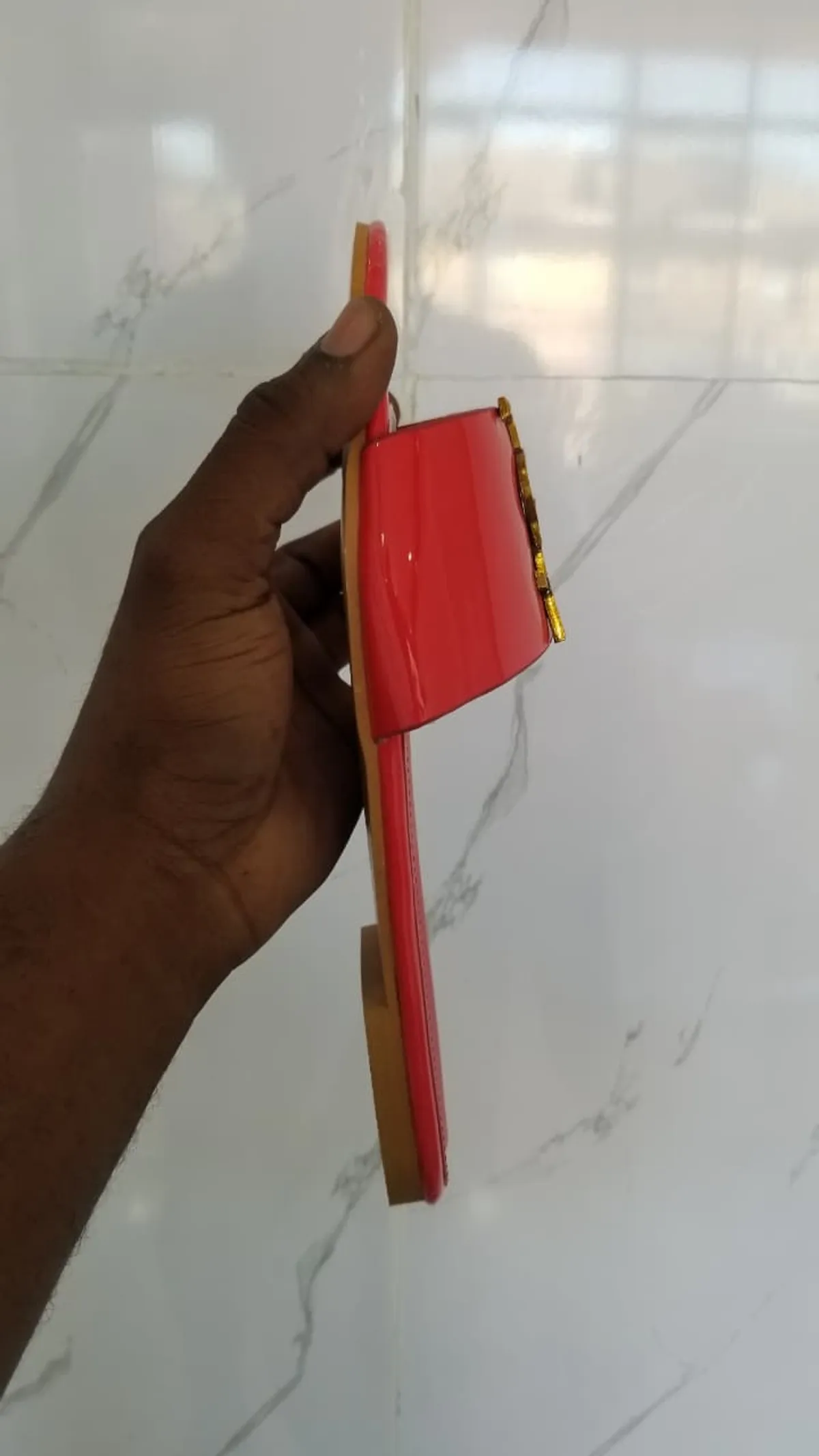 Glossy Slip-On Slides with Gold-Tone Logo Detail, Red, 41