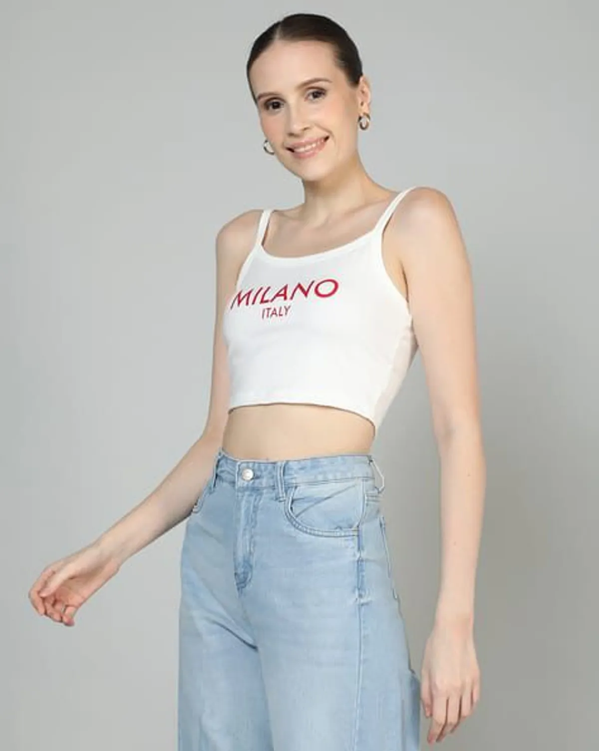Spaghetti Strap Typographic Print Cami Crop Top Size L