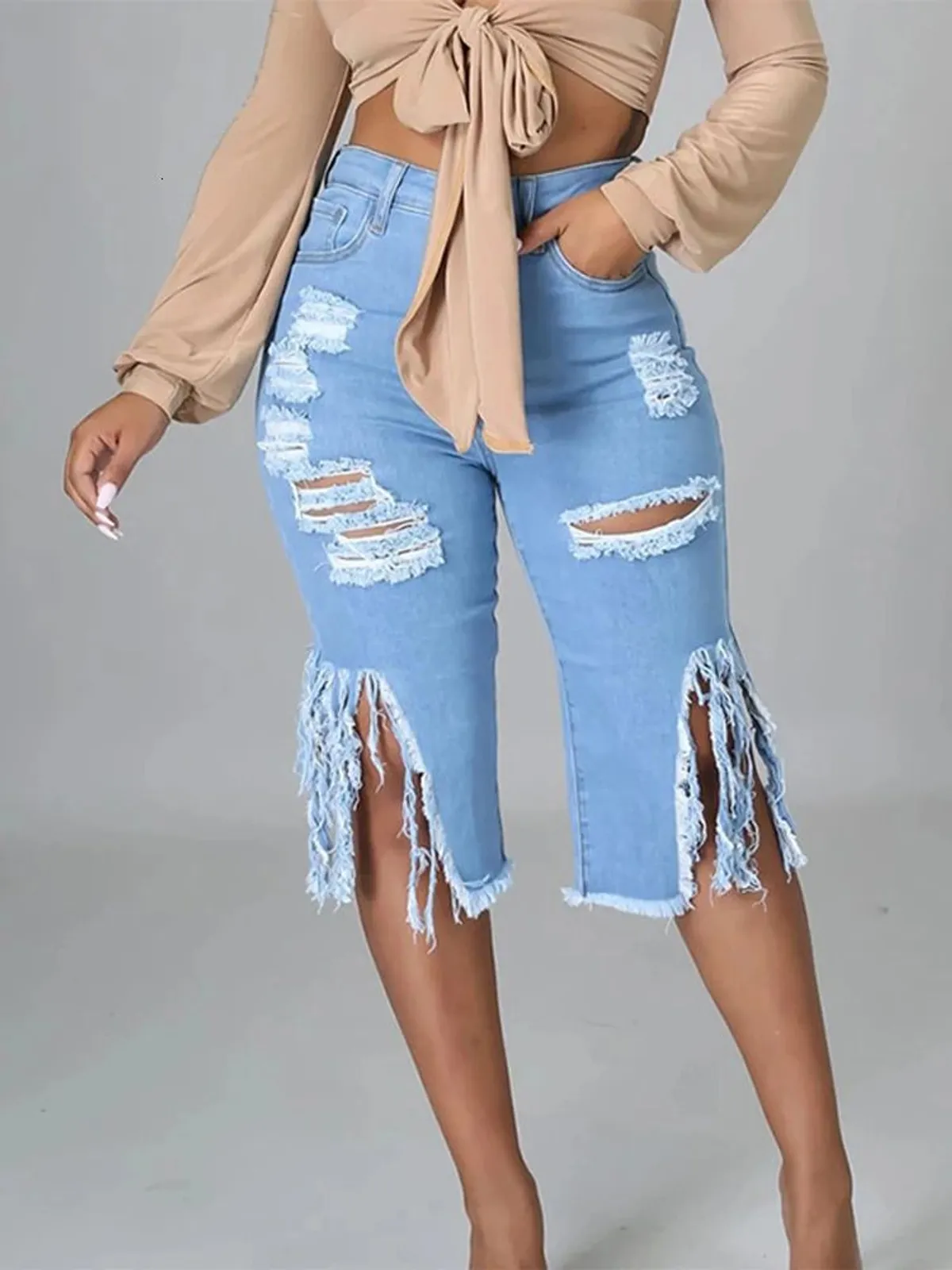 Knee Length Short Jeans Women Chic Washed Tassel Size M