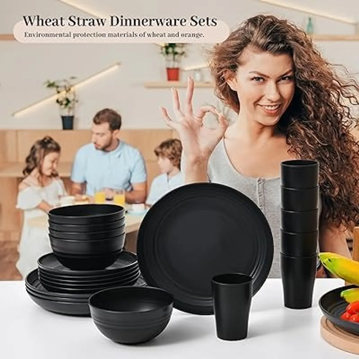 32 Piece Dinnerware Set - Black Plates and Bowls