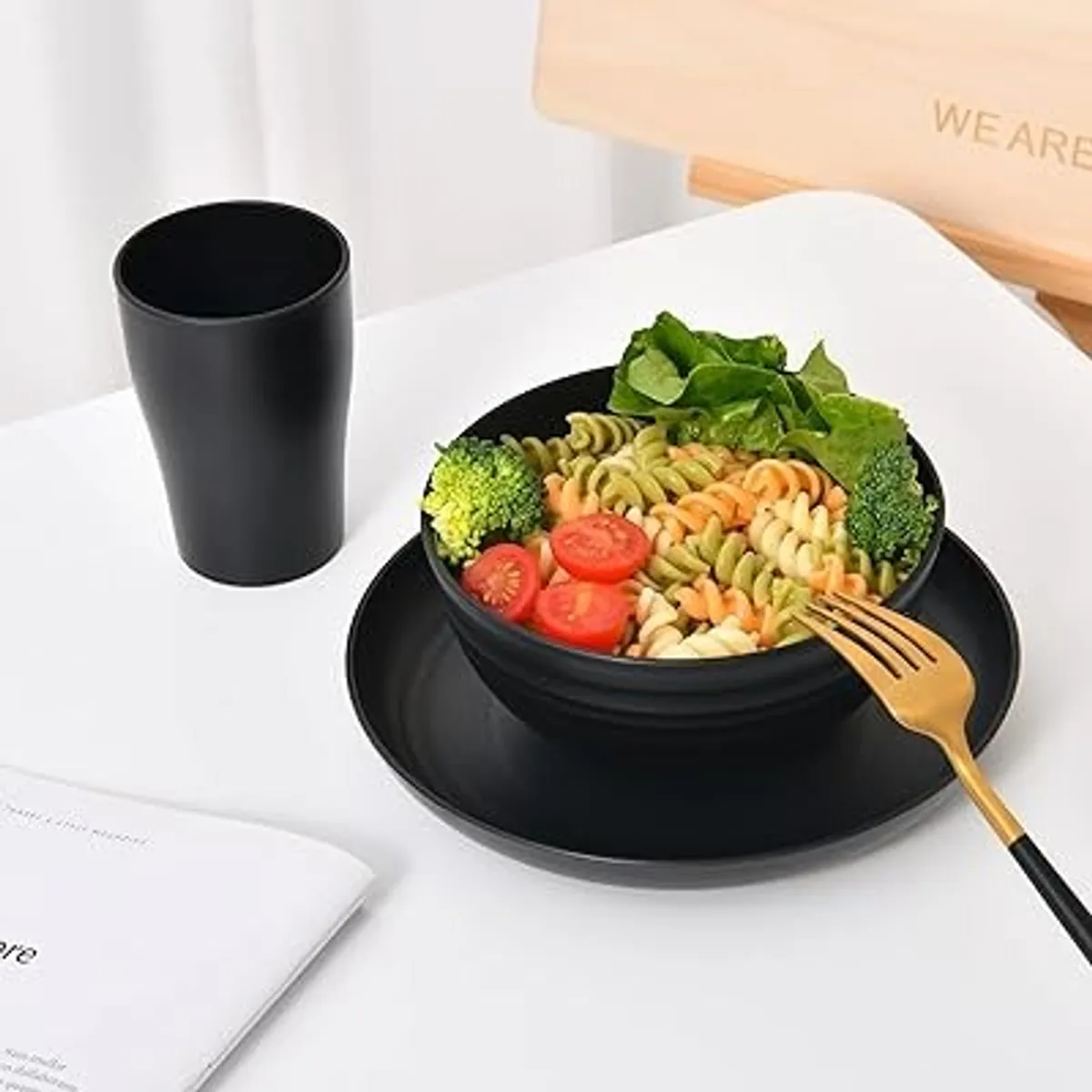 32 Piece Dinnerware Set - Black Plates and Bowls