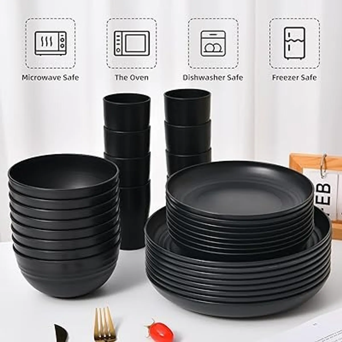 32 Piece Dinnerware Set - Black Plates and Bowls