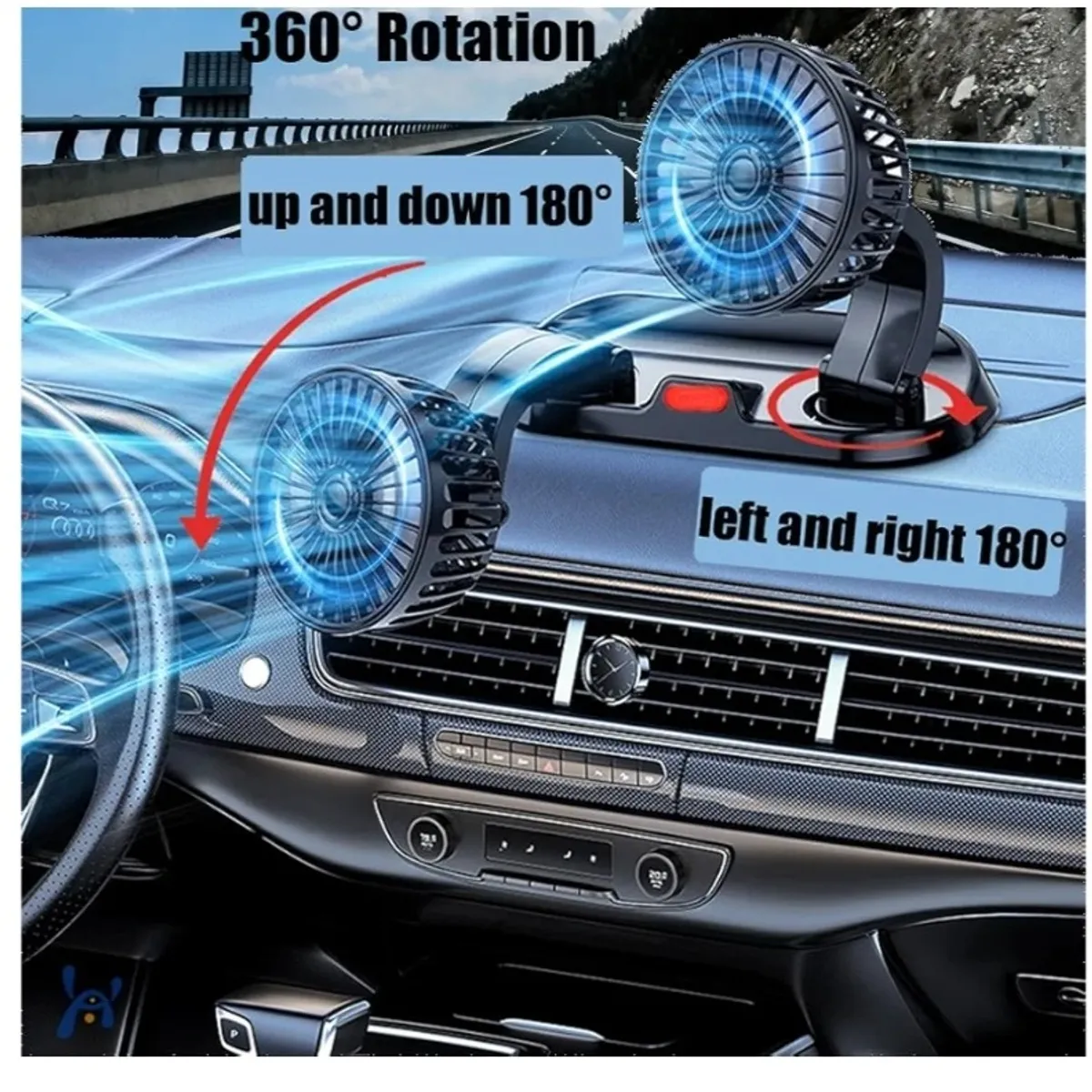 Black Dual Head Fans for Car With 2 Speeds 360°Rotatable