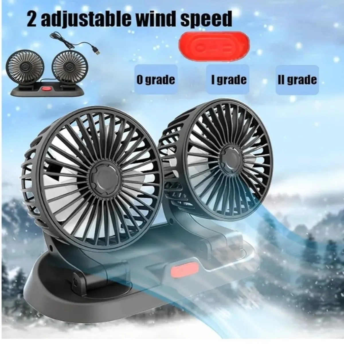Black Dual Head Fans for Car With 2 Speeds 360°Rotatable