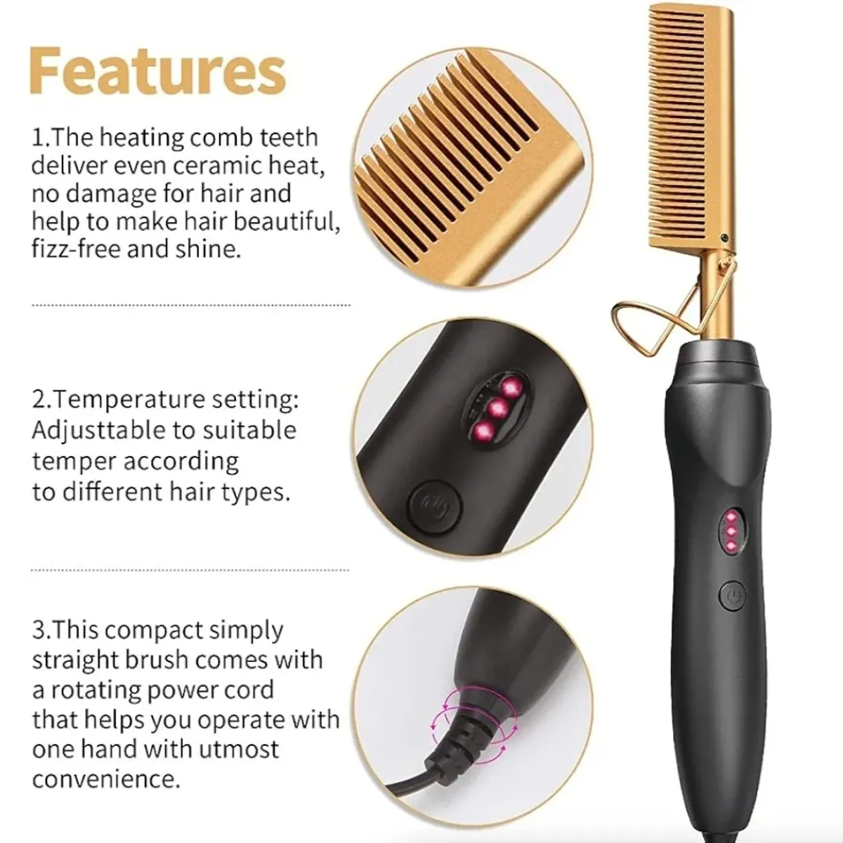 Gold Ceramic Hair Straightener Comb