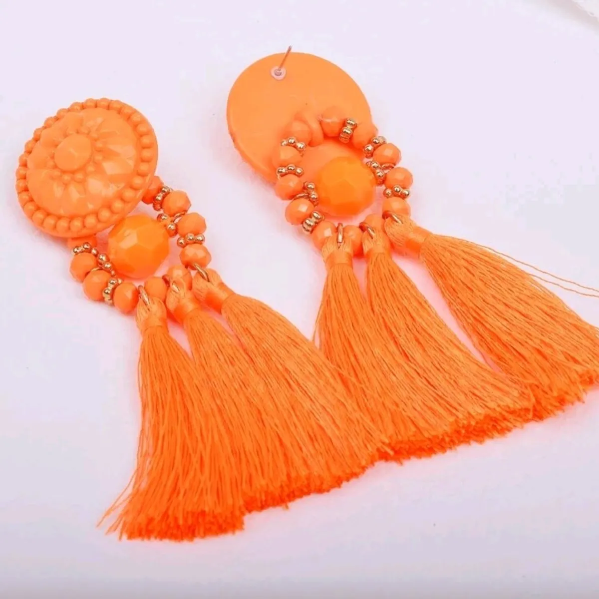 Women's Orange Bead Decor Tassel Drop Earrings