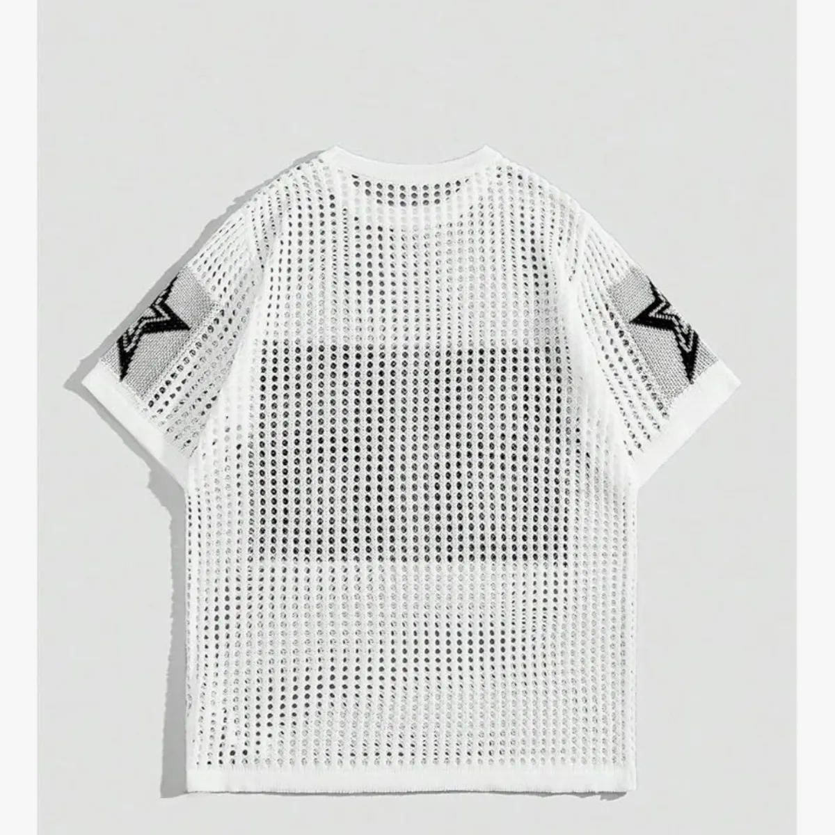 Men's White & Black Jersey Crochet Short Sleeve Pullover Sweater - Size L