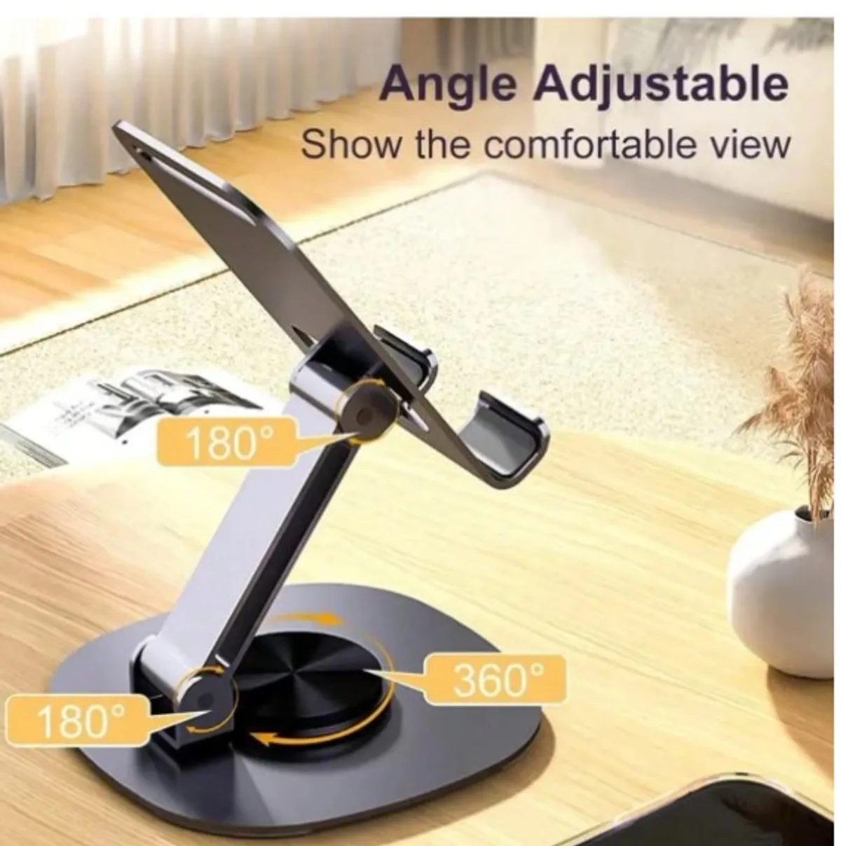 Metal Mobile Cell Phone Holder, Phone Stand, Adjustable Height Foldable Desktop phone Stand, Universal Phone Stand For IPhone Android.  360° Rotatable, Black.