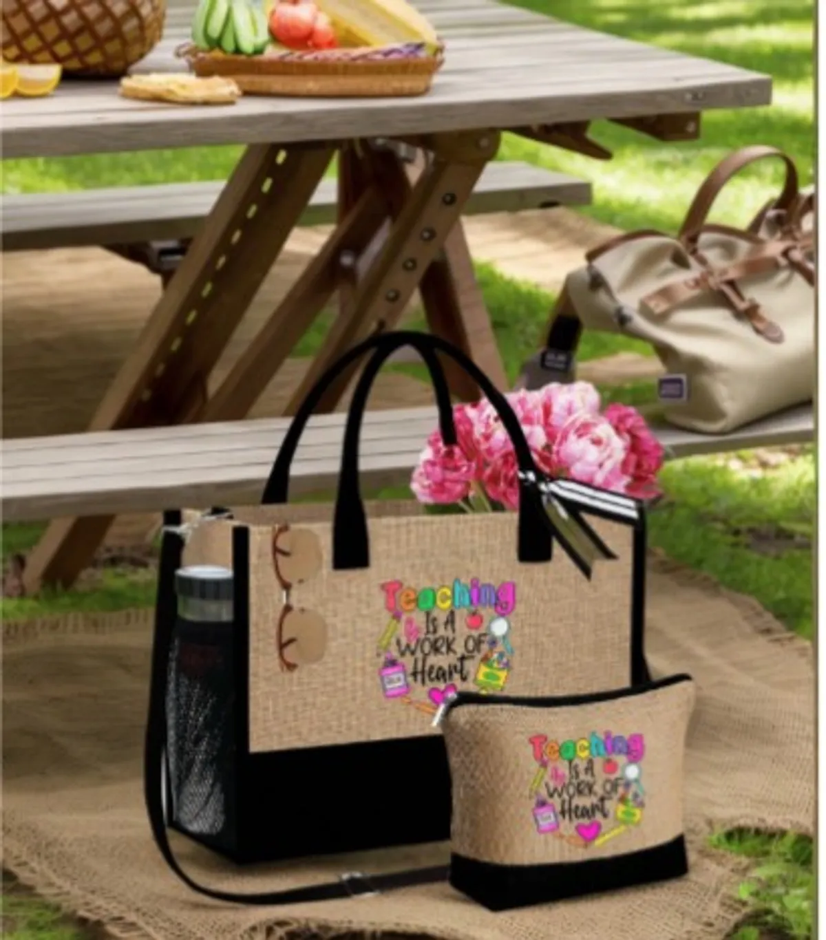 Teacher Appreciation Gift Set, Large Capacity Fashion Handbag And A Linen Coin Wallet, Printed With "Teaching Is A Work Of Heart" Large Capacity, Water-Resistant