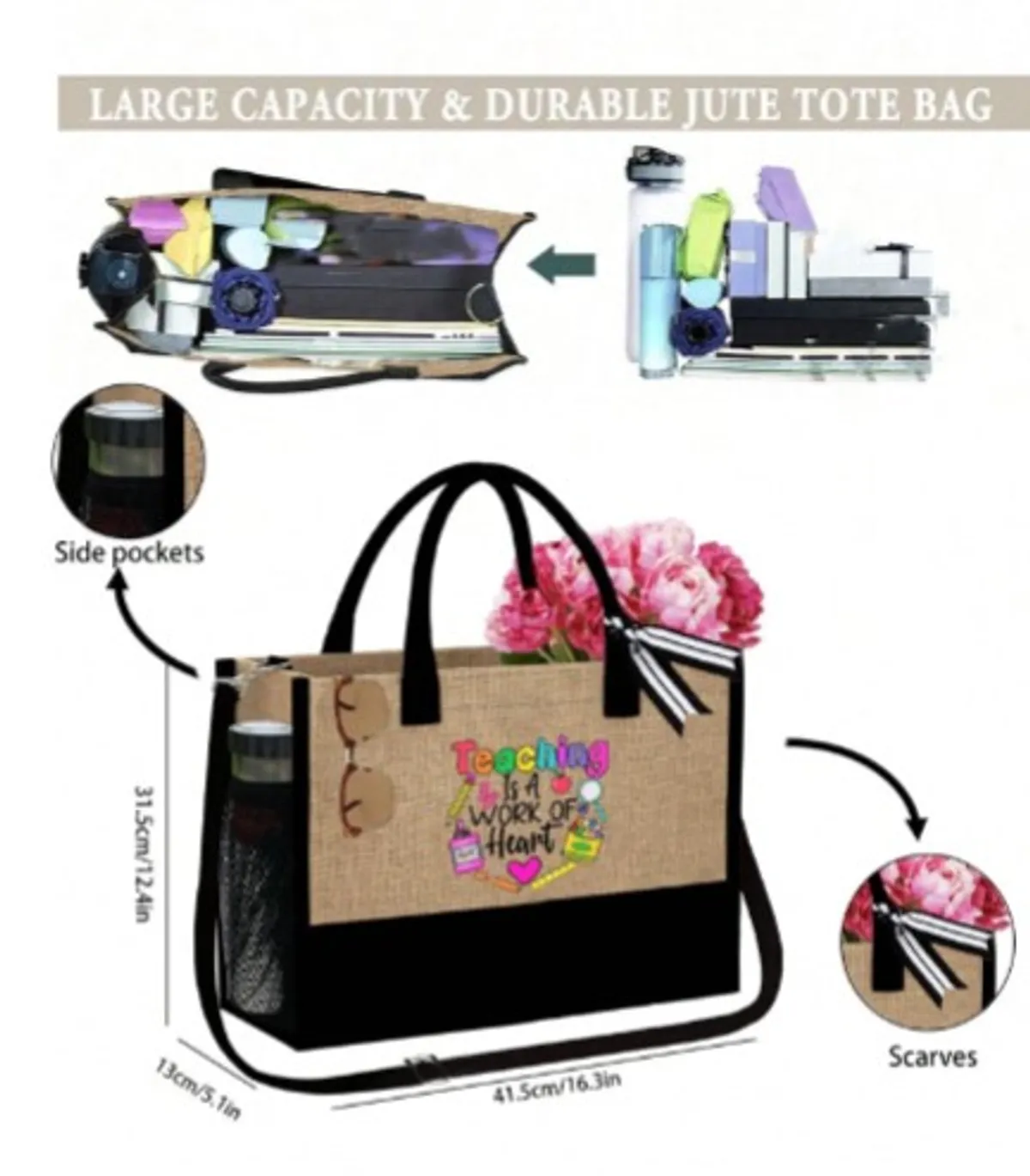 Teacher Appreciation Gift Set, Large Capacity Fashion Handbag And A Linen Coin Wallet, Printed With "Teaching Is A Work Of Heart" Large Capacity, Water-Resistant