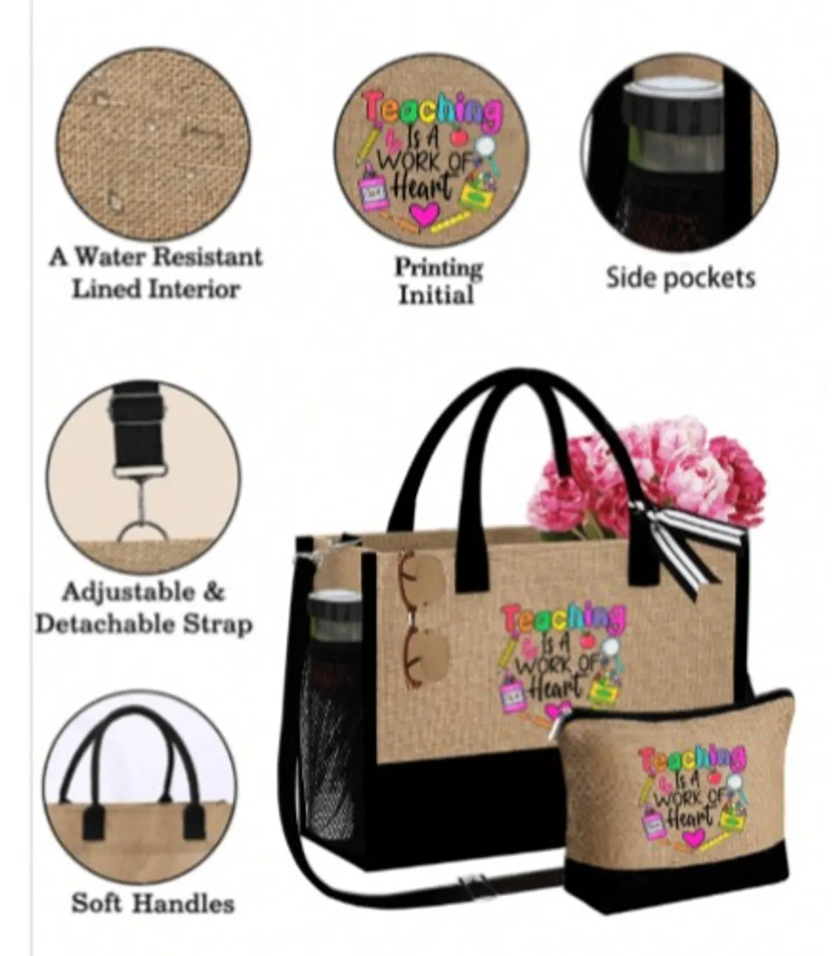Teacher Appreciation Gift Set, Large Capacity Fashion Handbag And A Linen Coin Wallet, Printed With "Teaching Is A Work Of Heart" Large Capacity, Water-Resistant